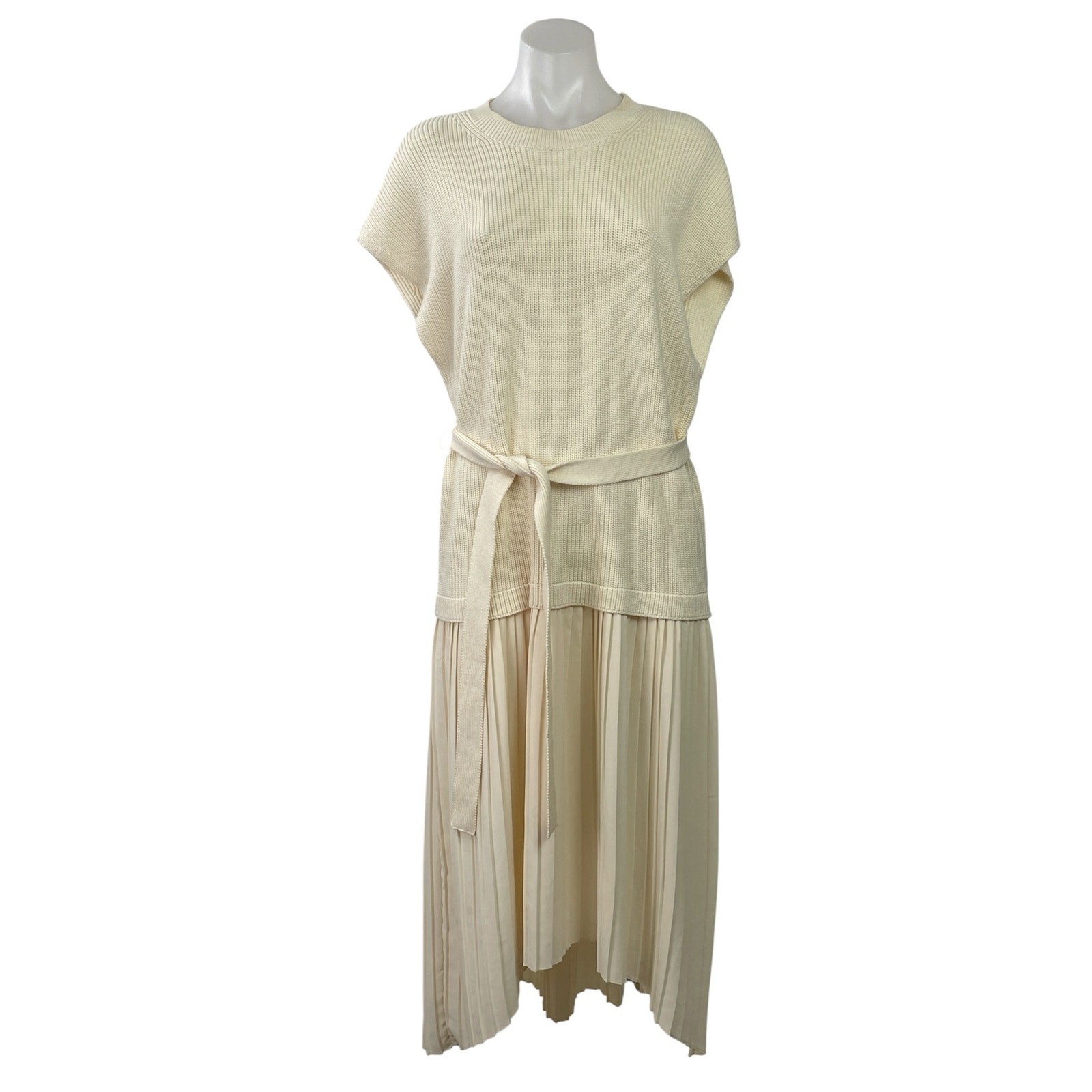 Zara Womens Cream Short Sleeve Ribeed Knit Pleated Maxi A-Line Sweater Dress M
