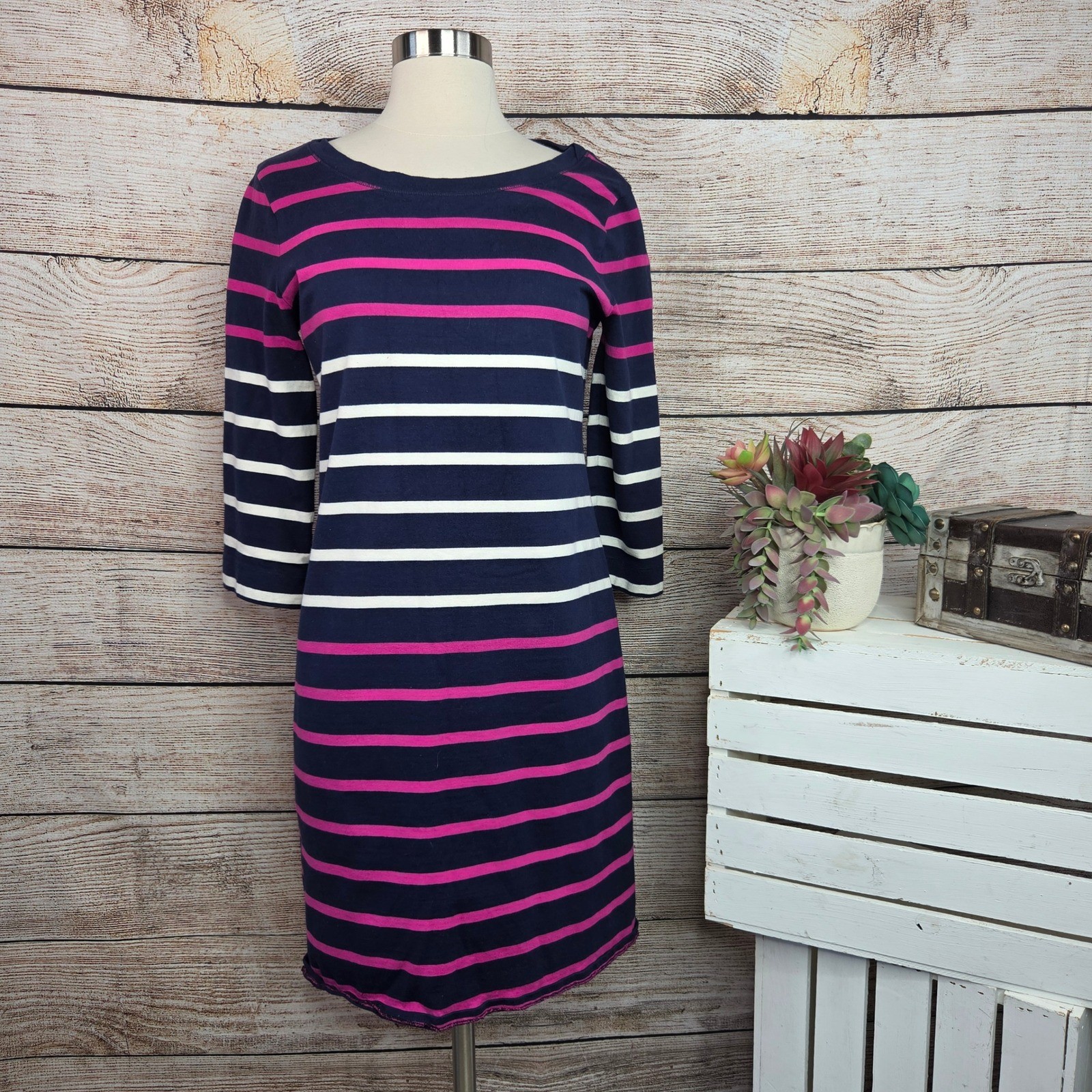 Banana Republic Womens Navy Pink Striped Boat Neck 3/4 Sleeve Shift Dress M