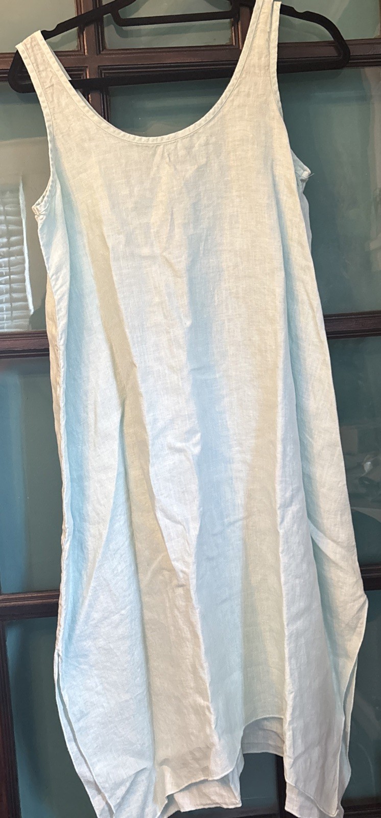 hard tail forever dress, S 100% linen asymmetrical hem Side Slits. Lt Mint Gree