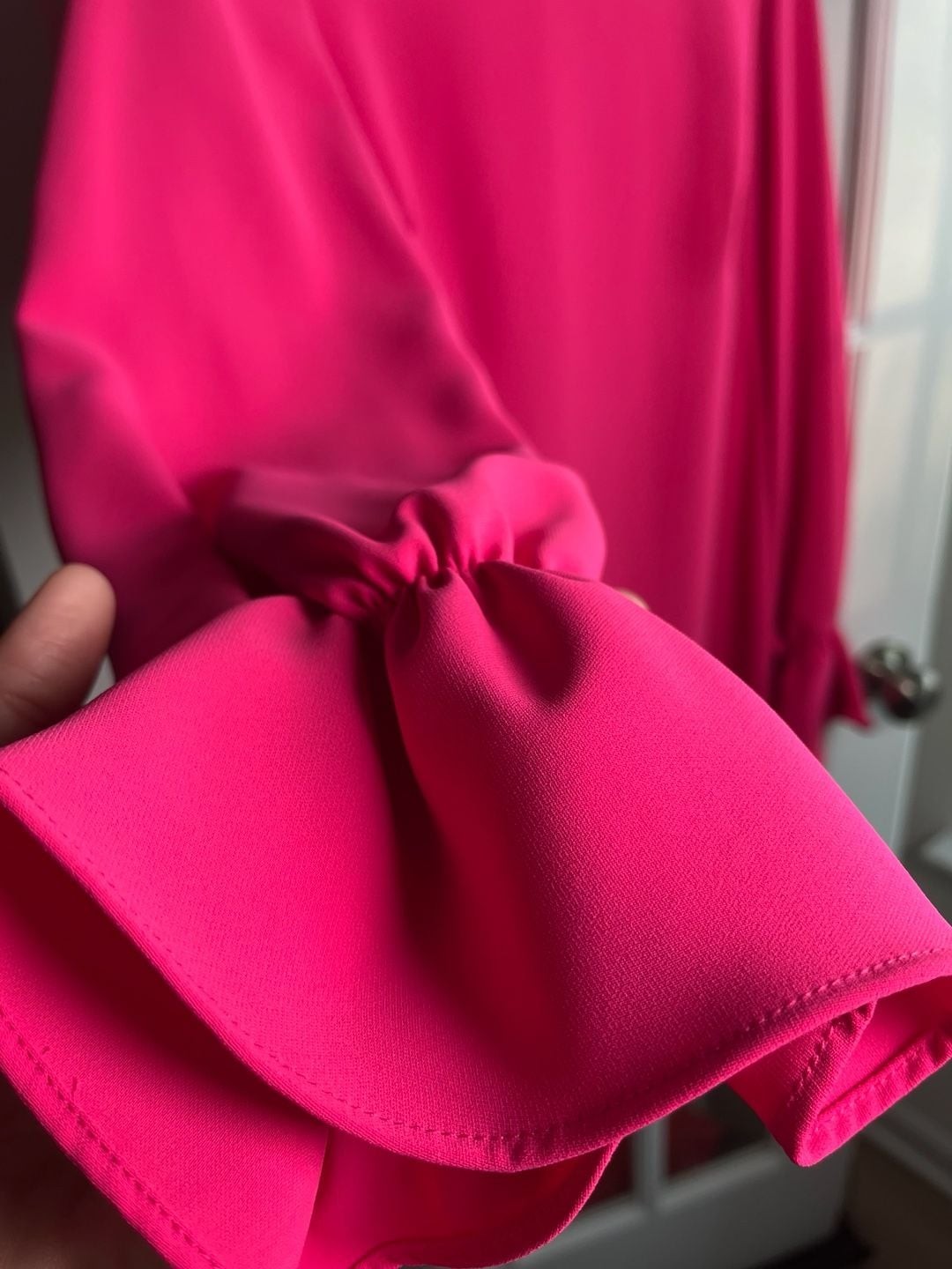 Amanda Uprichard High Neck Long Sleeve Ruffle Cuff Mini Dress in Hot Pink