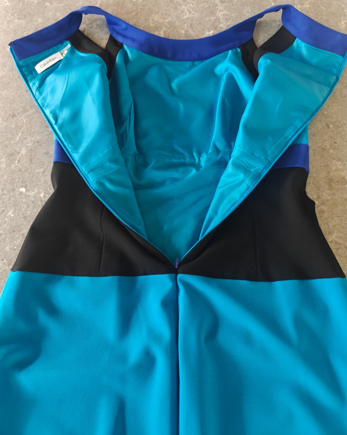 Calvin Klein Dress Size 6 Teal Blue Black Purple Striped Color Block Lined