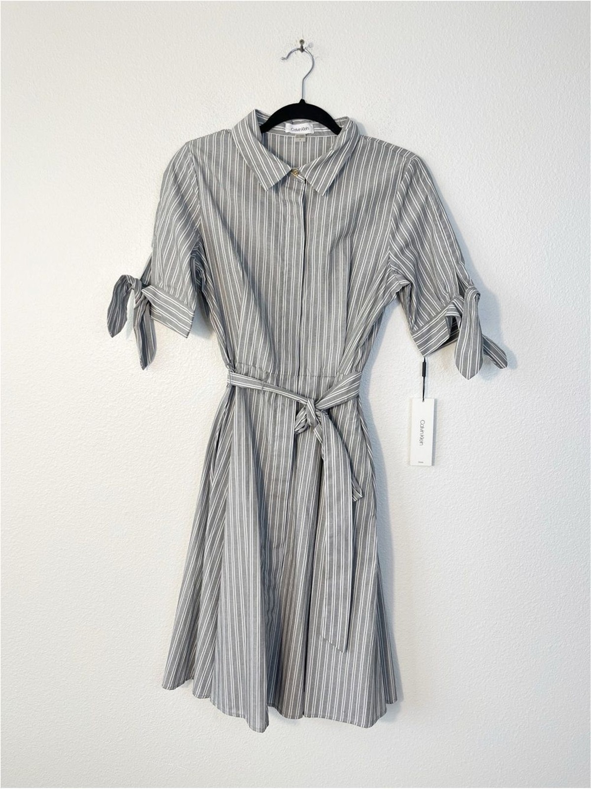 Calvin Klein Button Front Short Sleeve Bow Shirt Dress Size 8 NEW