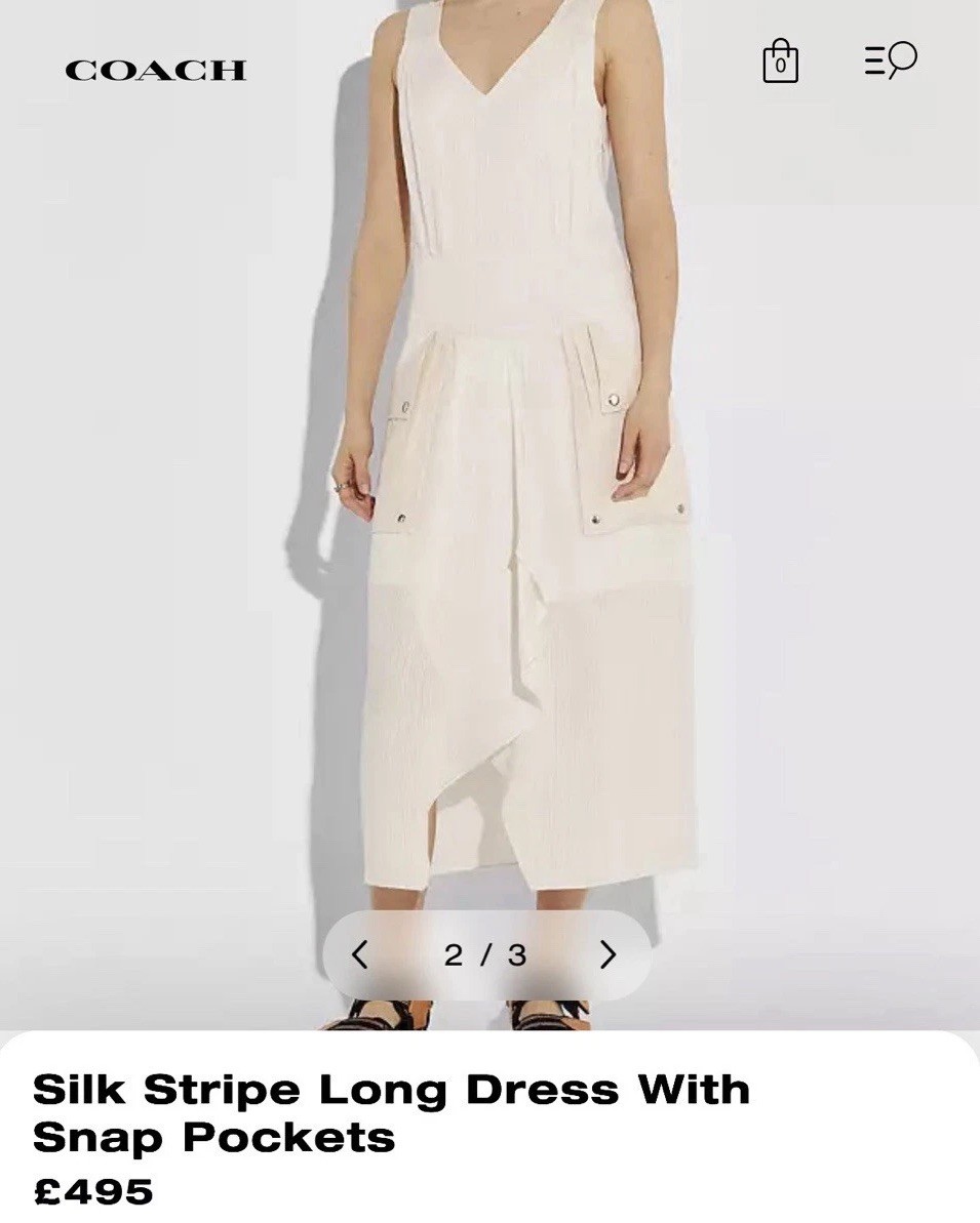 COACH Designer GB Silk Stripe Long Dress With Snap Pockets Cream, sz 2