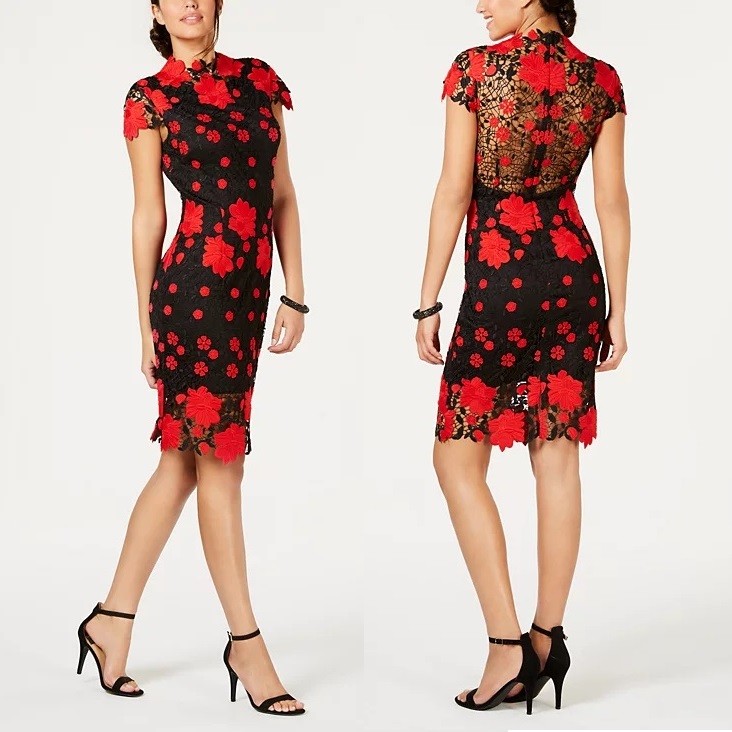 LAUNDRY by SHELLI SEGAL Lace Mock Neck Floral Sheath Cocktail Party Dress, 2