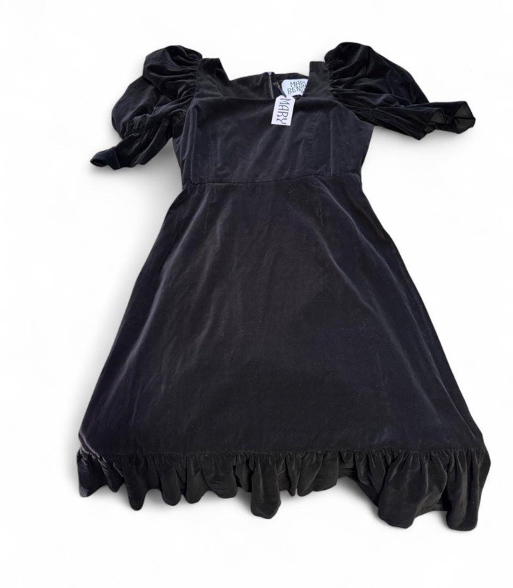 Mary Benson Black Velvet A-Line Maxi Dress Puff Sleeve Square Neck Ruffle