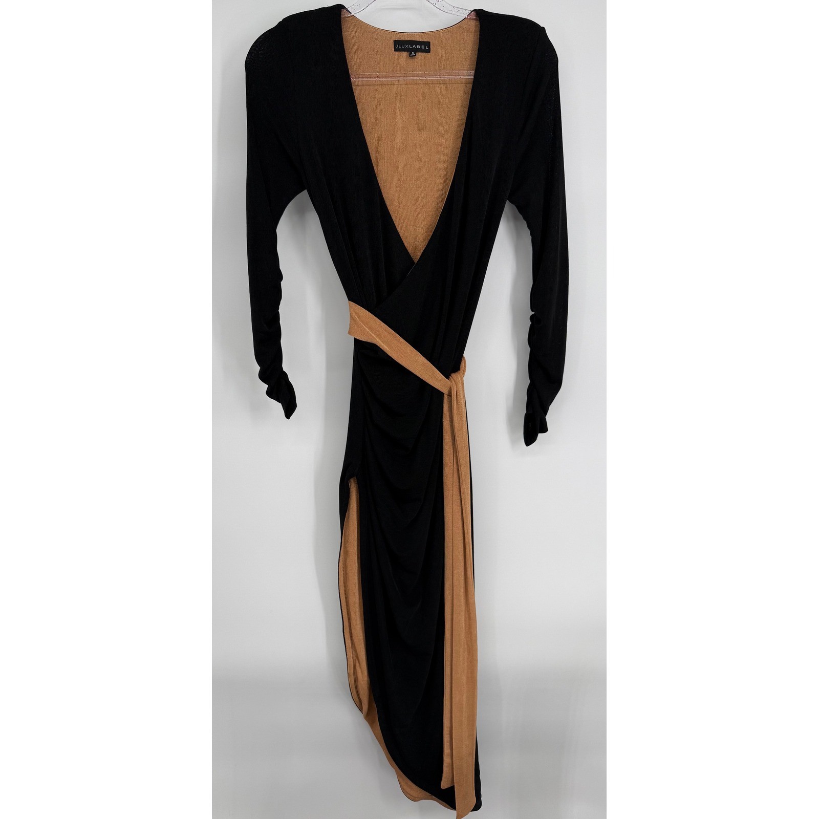 JLUXLABEL Womens Black Camel Colorblock Ribbed Knit Wrap Midi Dress Sz S