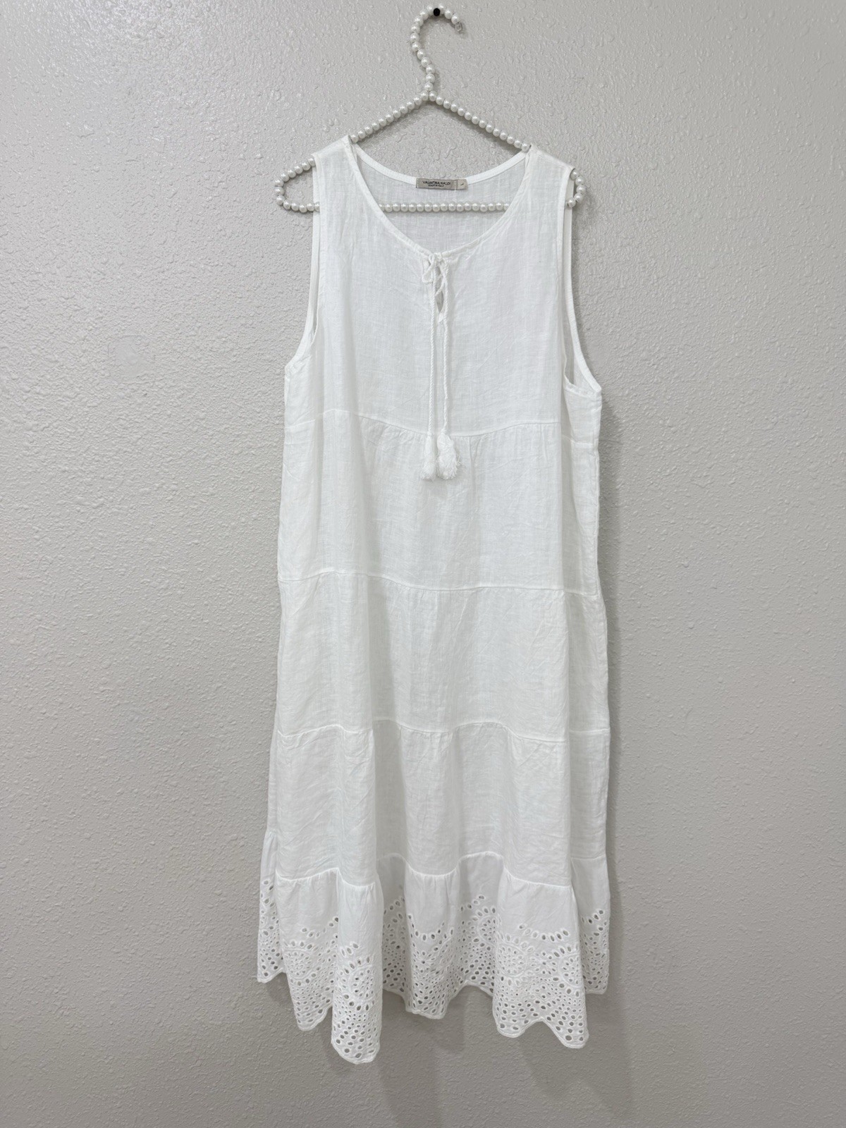 Valentina Naldi White Linen Dress L Made in Italy Boho Tiered Eyelet Midi