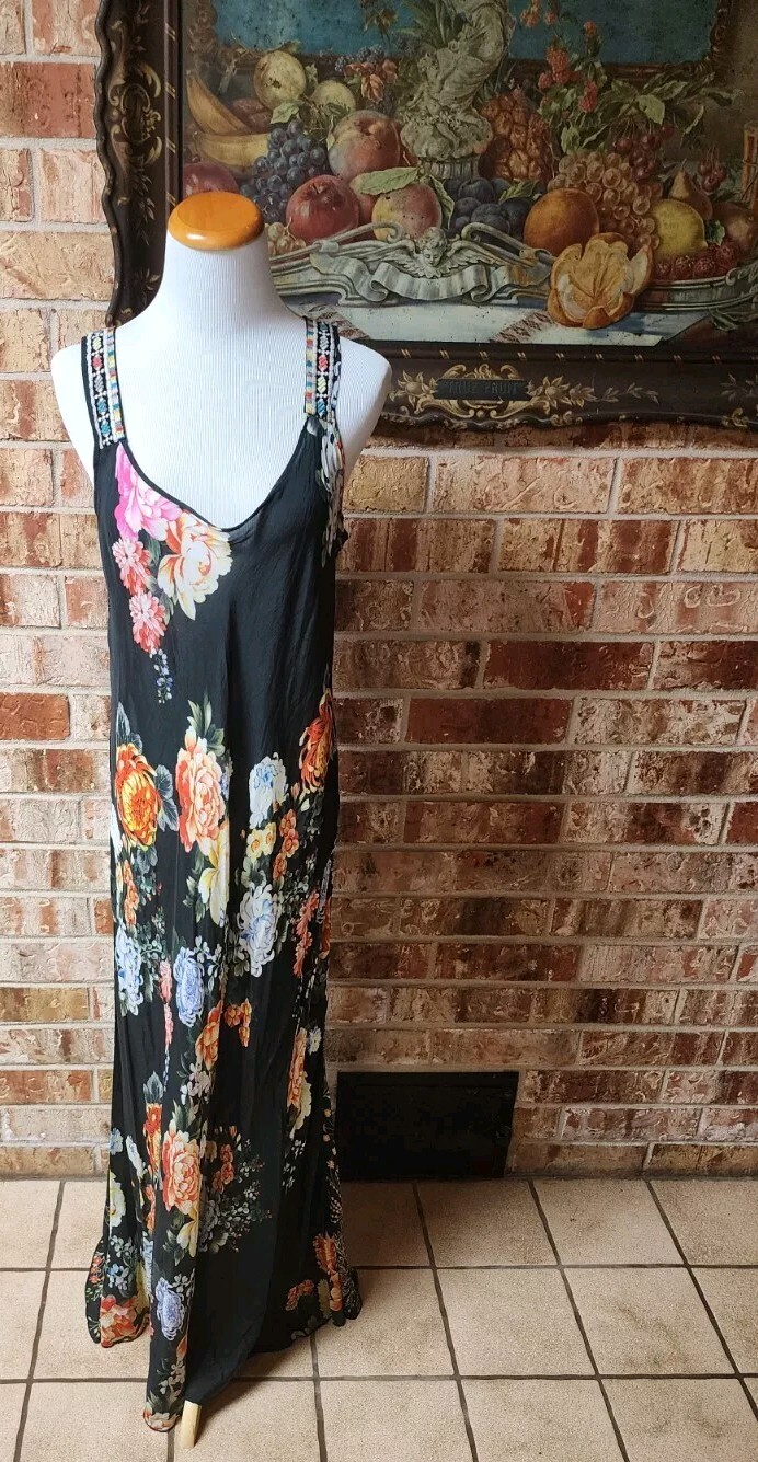 NWOT JOHNNY WAS Silk Mixed Print Dress Maxi Plus Large EMBROIDERED STRAP No Slip
