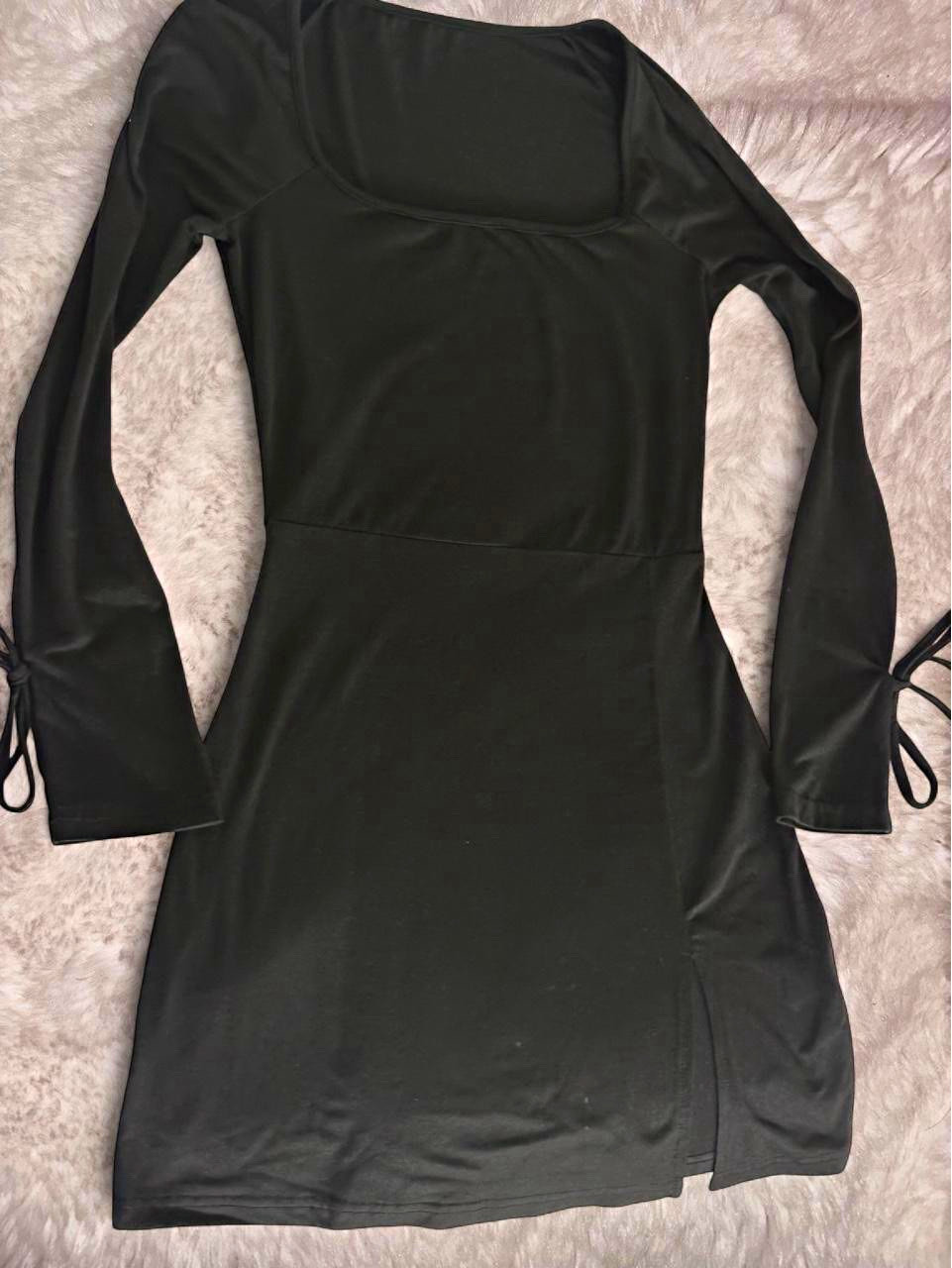Women’s Black Square Neck Long Sleeve Stretch Knit Mini Dress Tie Cuffs S