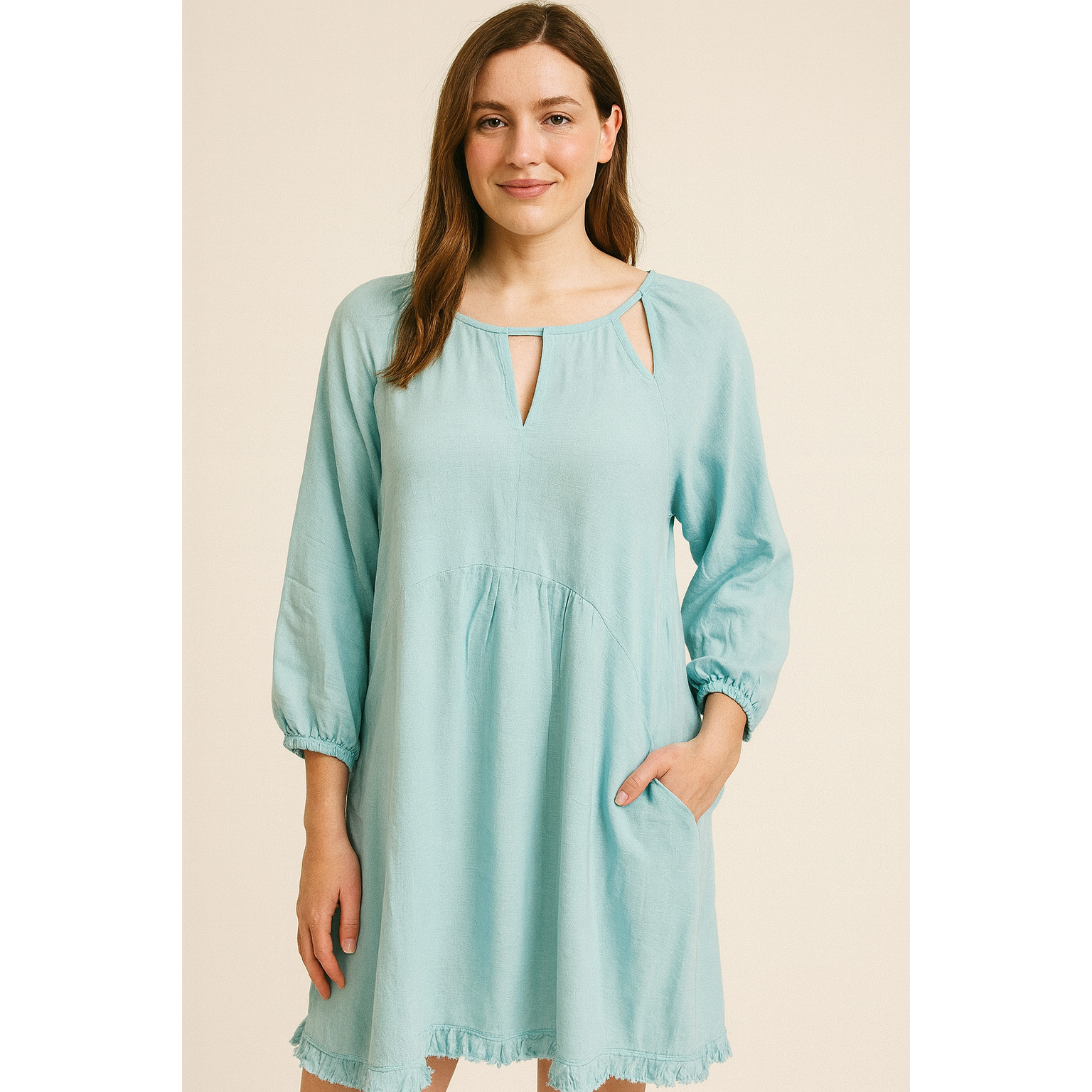 UMGEE raglan peasant botique dress with pockets blue guaze linen blend EUC S