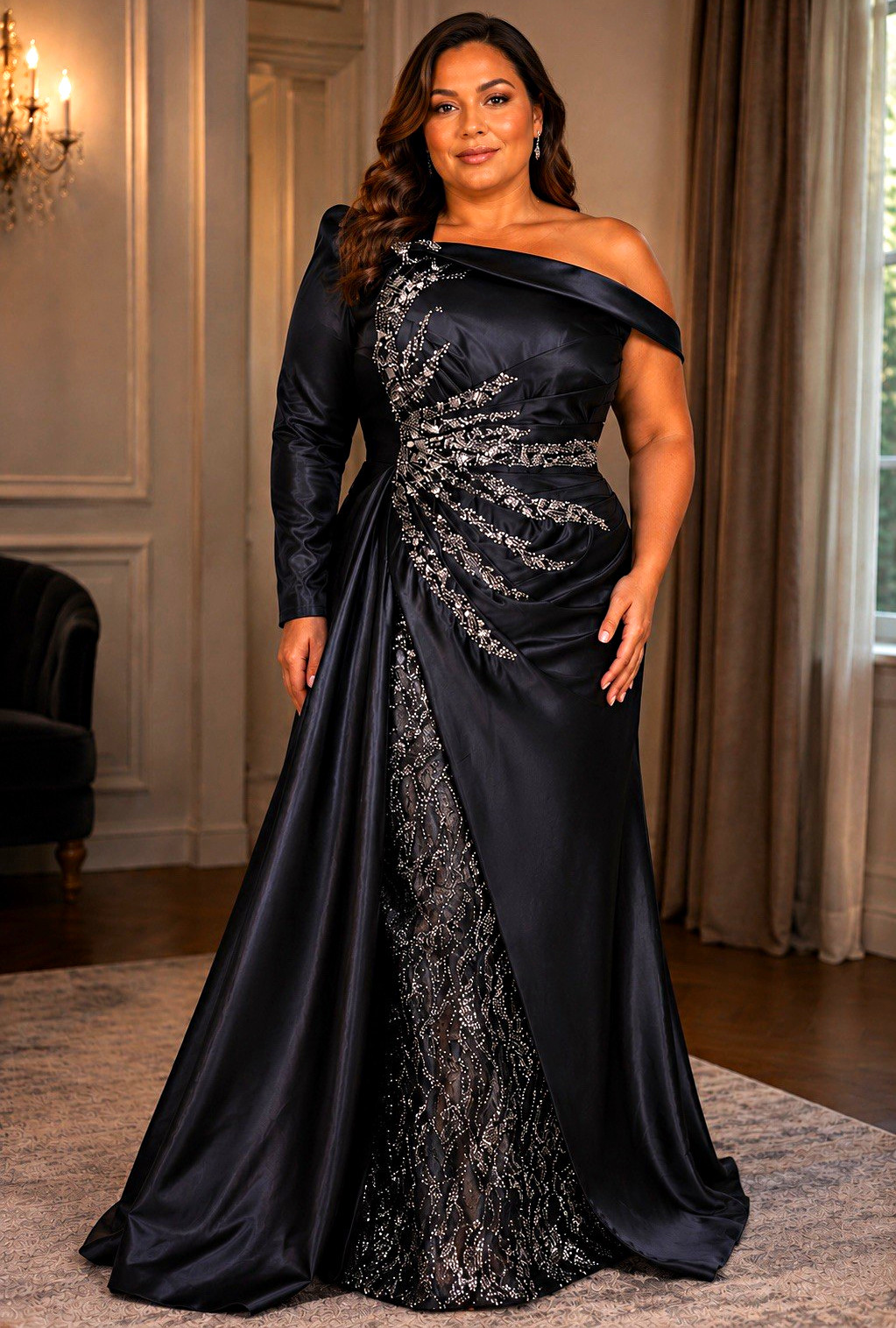 Black One-Shoulder Satin Formal Long Gown, Beaded Embroidered Lined Size 12