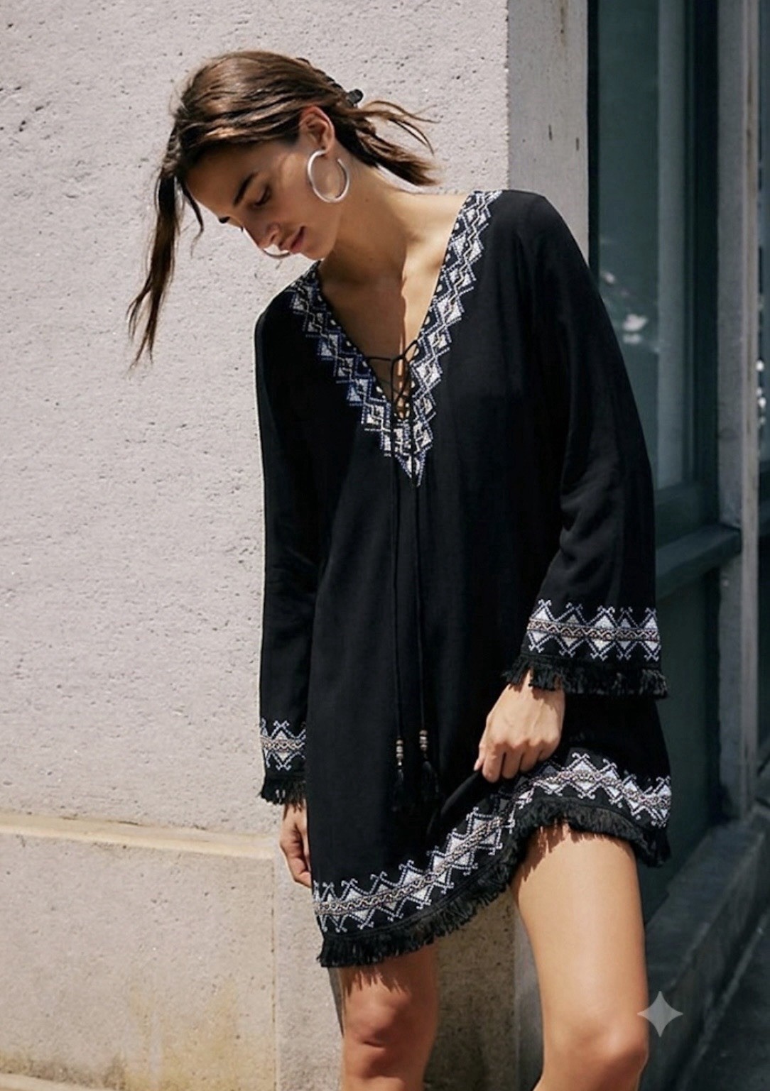 MISS ME EMBROIDERED TASSEL DRESS M/L BLACK BELL CRINKLE BOHO COACHELLA FESTIVAL