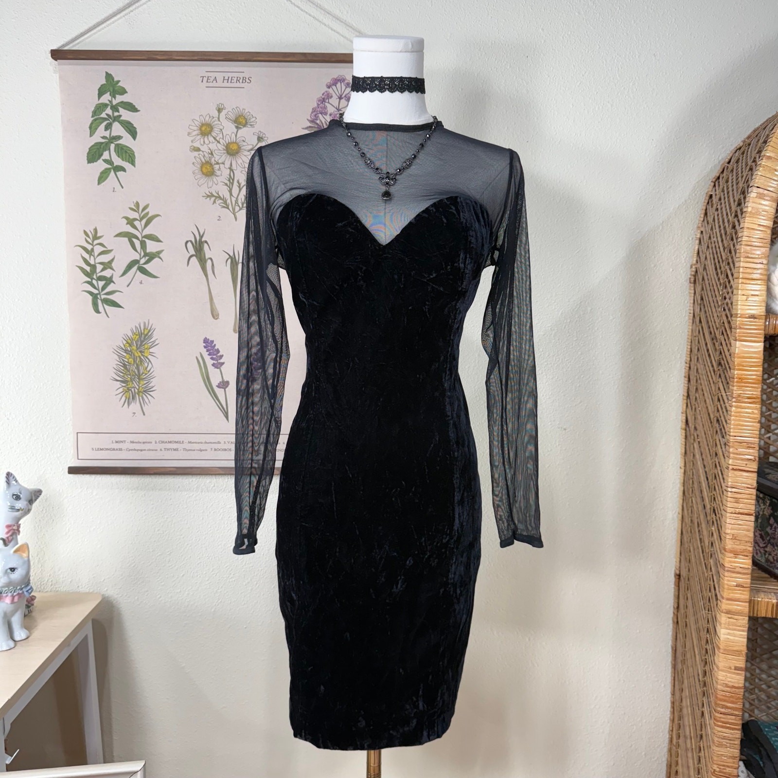 Vintage 80s 90s Black Velvet Mesh Bodycon Mini Dress Romantic Goth Sexy Party S
