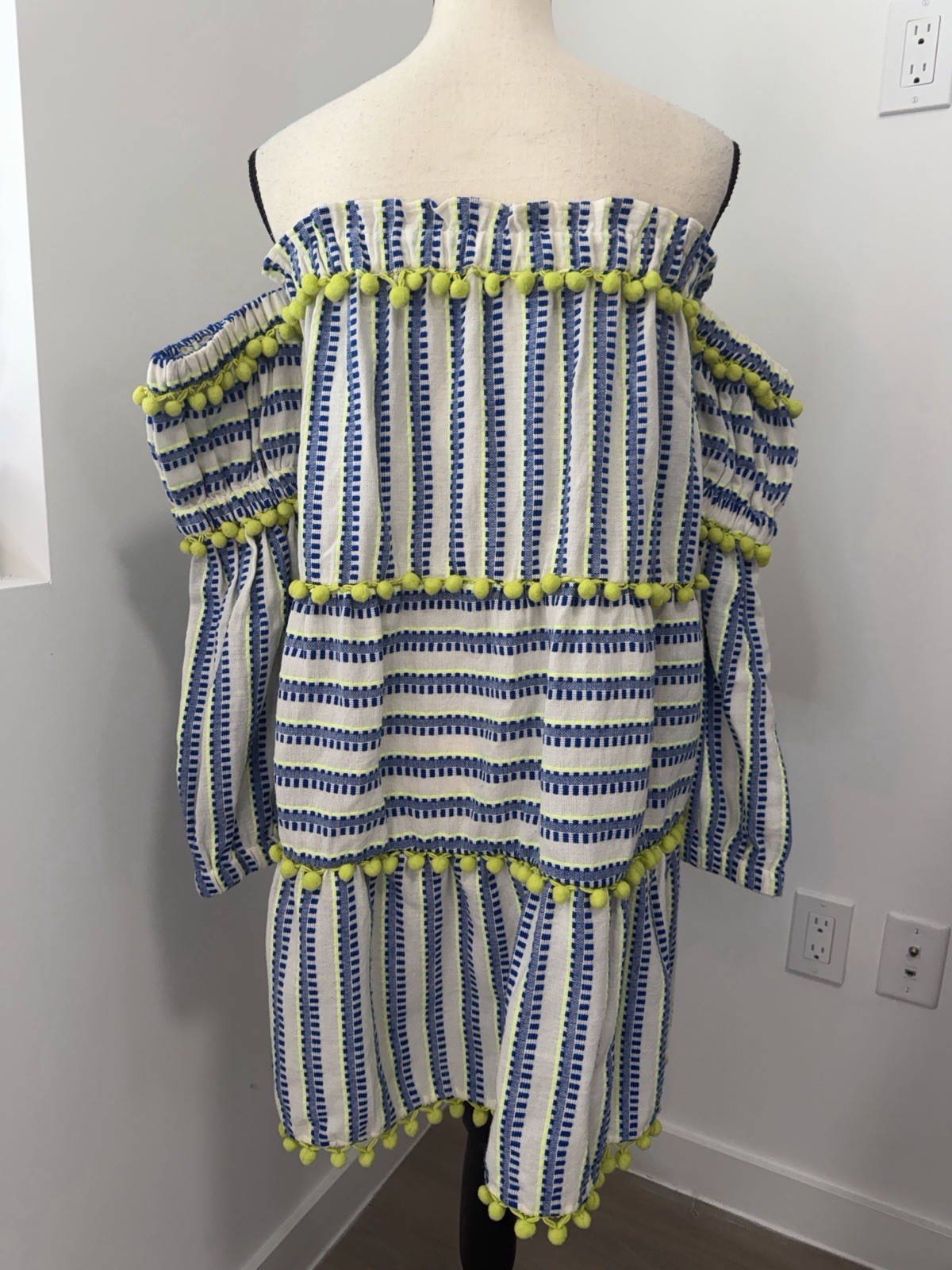 Anthropologie White Blue Green Striped Off Shoulder Pom-Pom Cotton Mini Dress S
