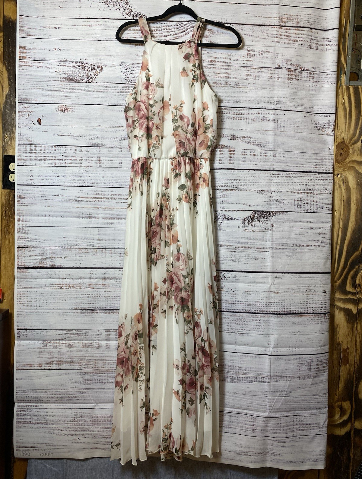Premier Amour Size 2 Ivory Pink Floral Chiffon Halter Maxi Dress Pleated Bow