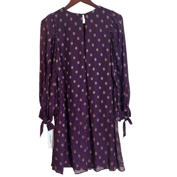Calvin Klein Tie Cuff Long Sheer Balloon Sleeve Mini Dress Purple Gold Sz 6 NEW