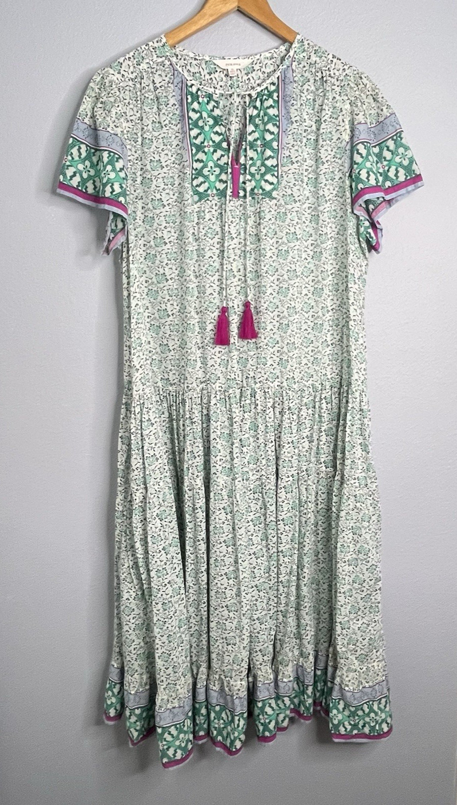 PER UNA Women’s Floral Print Long Maxi Tiered Bohemian Style Tassel Dress Sz 18