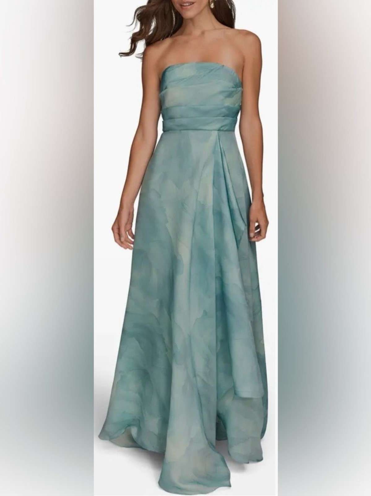 NEW Donna Karan New York Abstract Floral Strapless Blue sea mist Gown Sz 8