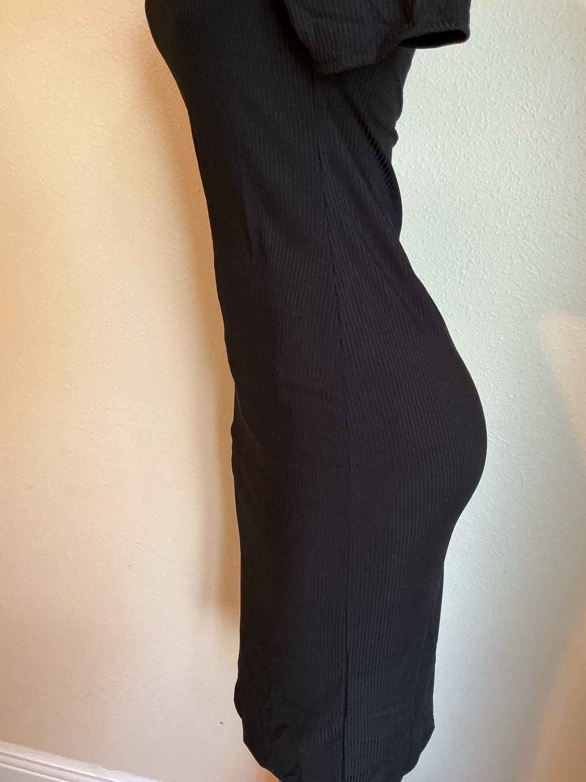 Black Ribbed Knit Dress Collared Short Sleeve Midi Bodycon Stretch Women S