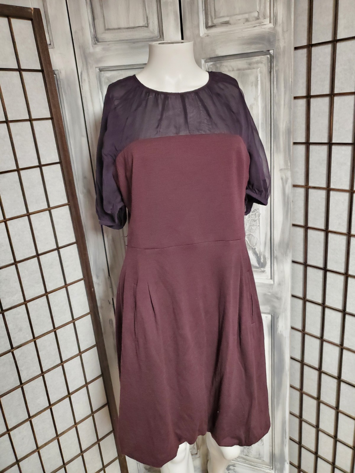 Development by Erica Davies 100% Soft Wool Dark Purple Dress S -M sheer Top