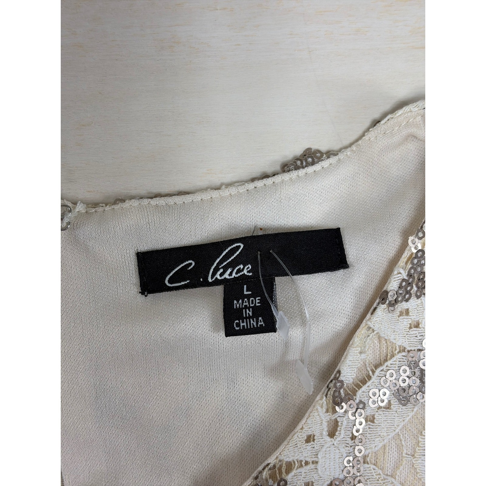 C. Luce Sequin Lace Feather Hem Mini Dress Cream Tan Black Size Large