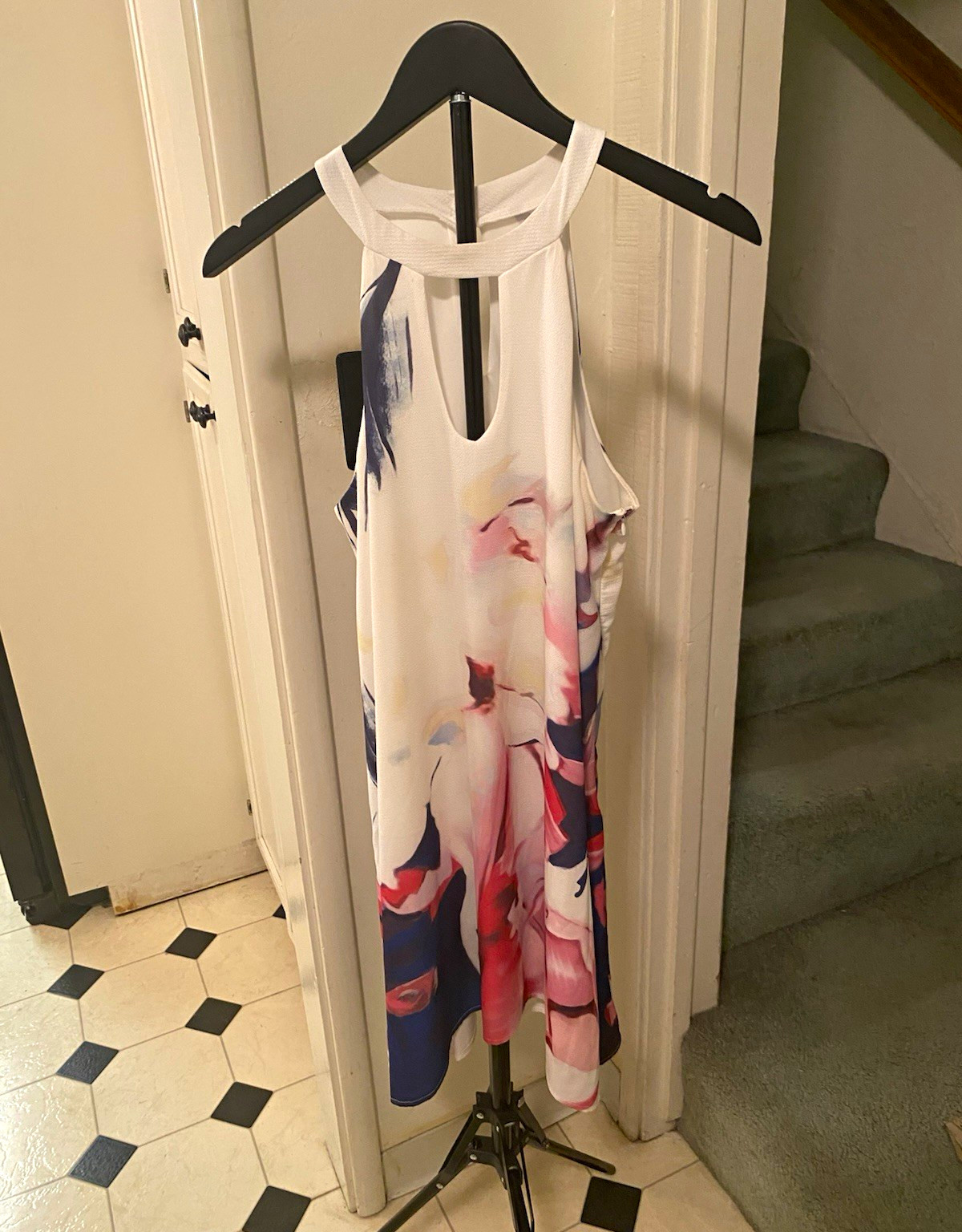Women’s Shift Floral Midi Dress High Neck Sleeveless Zip Button White Pink Blue