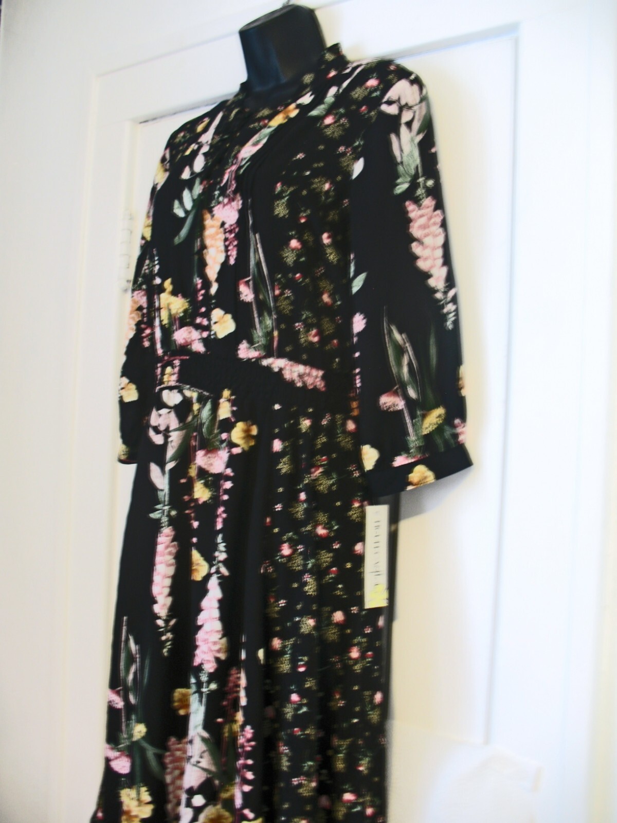 NWT FIGUEROA & FLOWER PEASANT Boho Dress Long Sl Small Black Floral