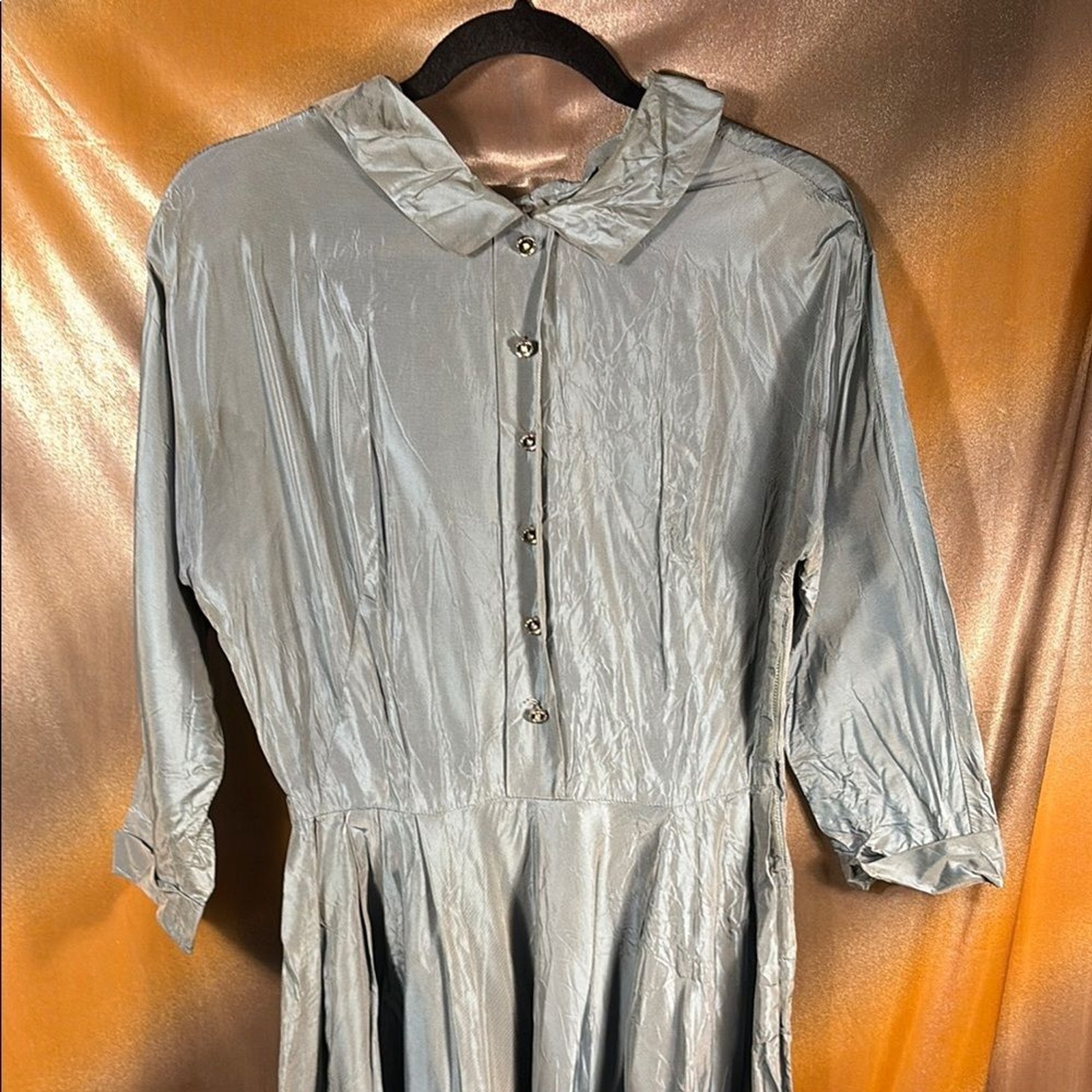 Vintage blue Gray iridescent‎ ribbed satin 50’s Dress recommend dry cleaning F1