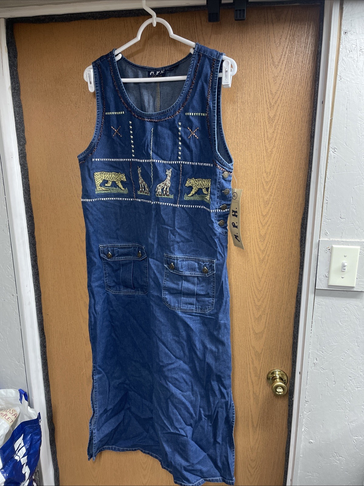 NWT Vintage MPH Blues Womens Denim Embroidered Overall Dress XL Maxi Jumper 90s