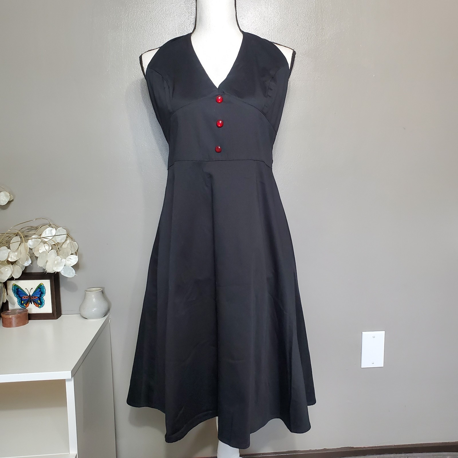 Rock Steady Halter Tie Dress Size XL Black Pinup Red Button Swing Rockabilly