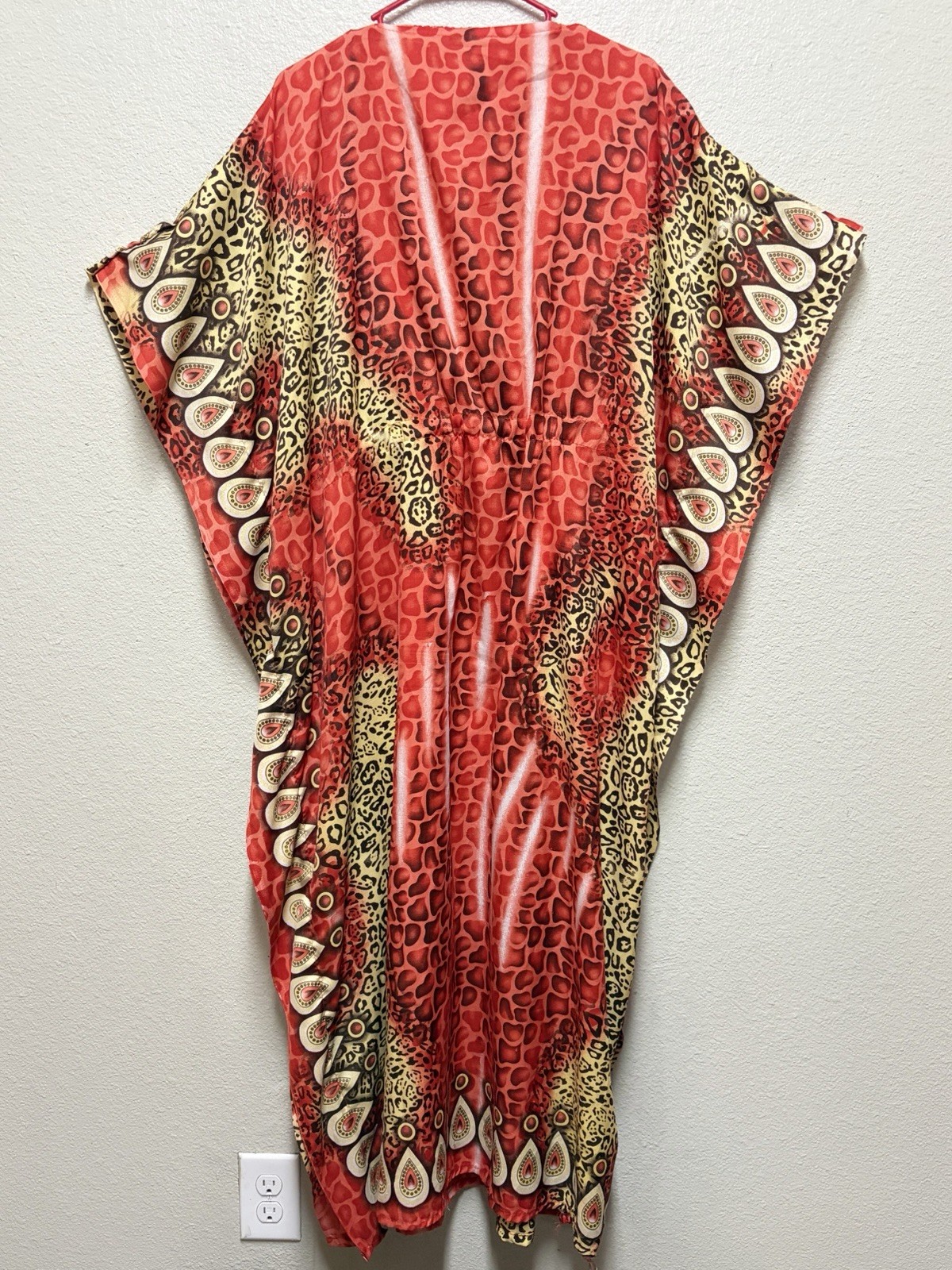 American Leisure Red Brown Beige Animal Print Kaftan Dress Round Neck Long One