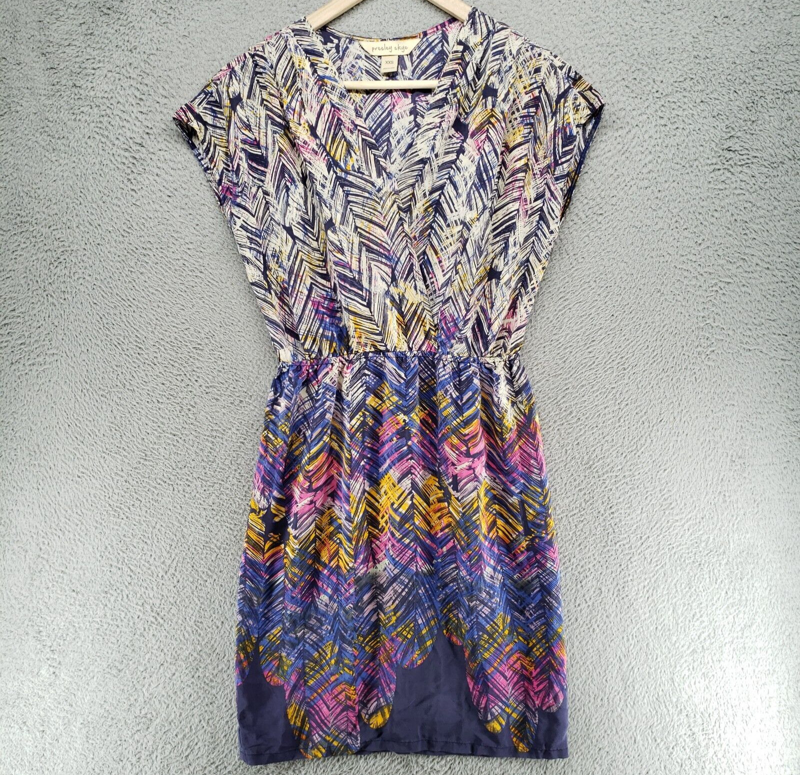 Presley Skye 100% Silk Dress Womens XXS Purple White Capped Sleeve