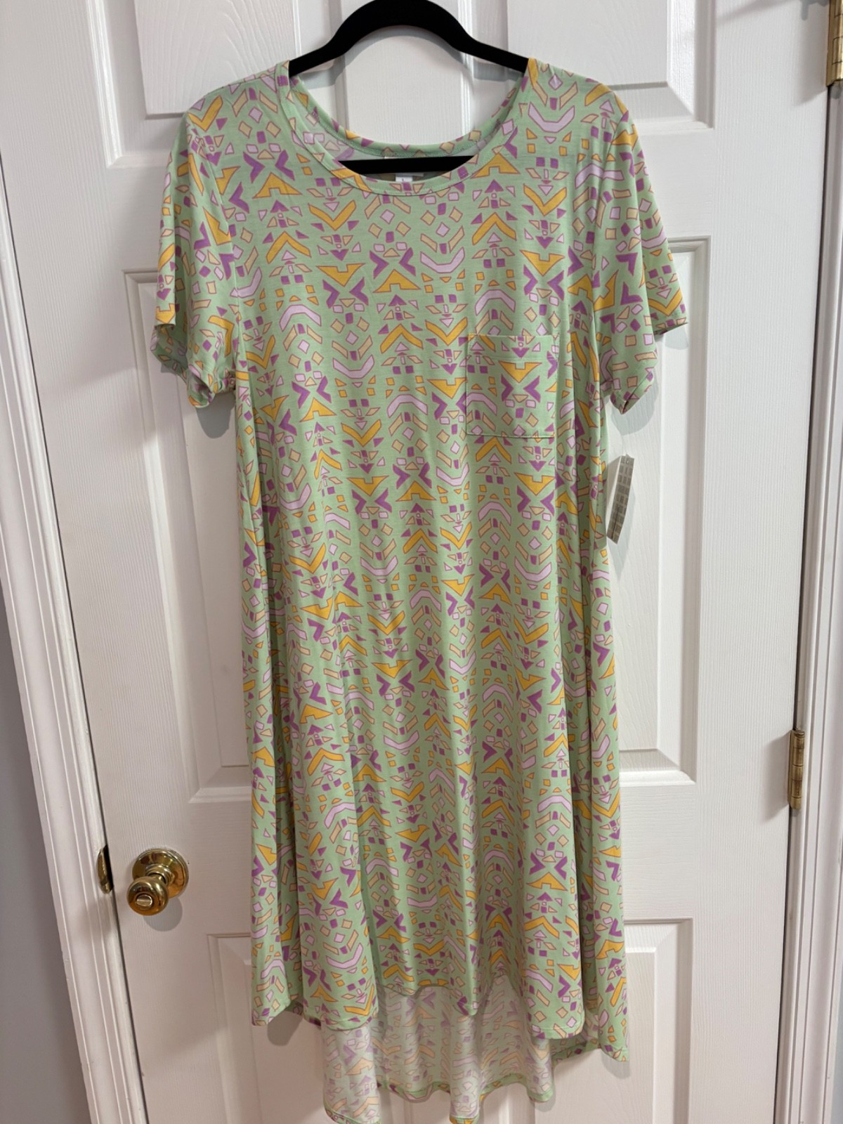 LuLaRoe NWT Carly dress Large (12-14); lime green geometric print