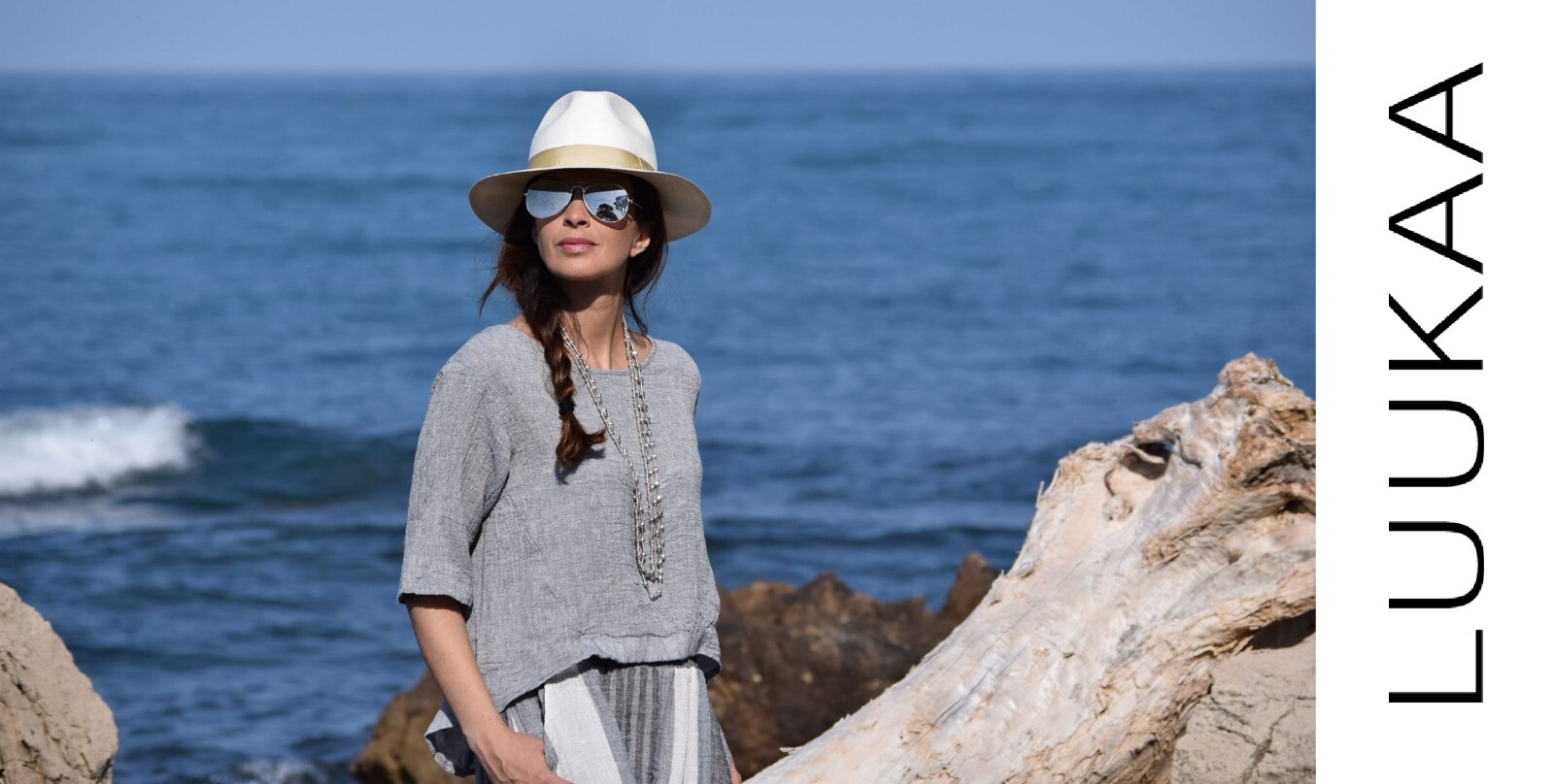 LUUKAA Linen 8Y0524 Lagenlook Light Linen STRIPE POCKET DRESS (sizes 6-10) WHITE