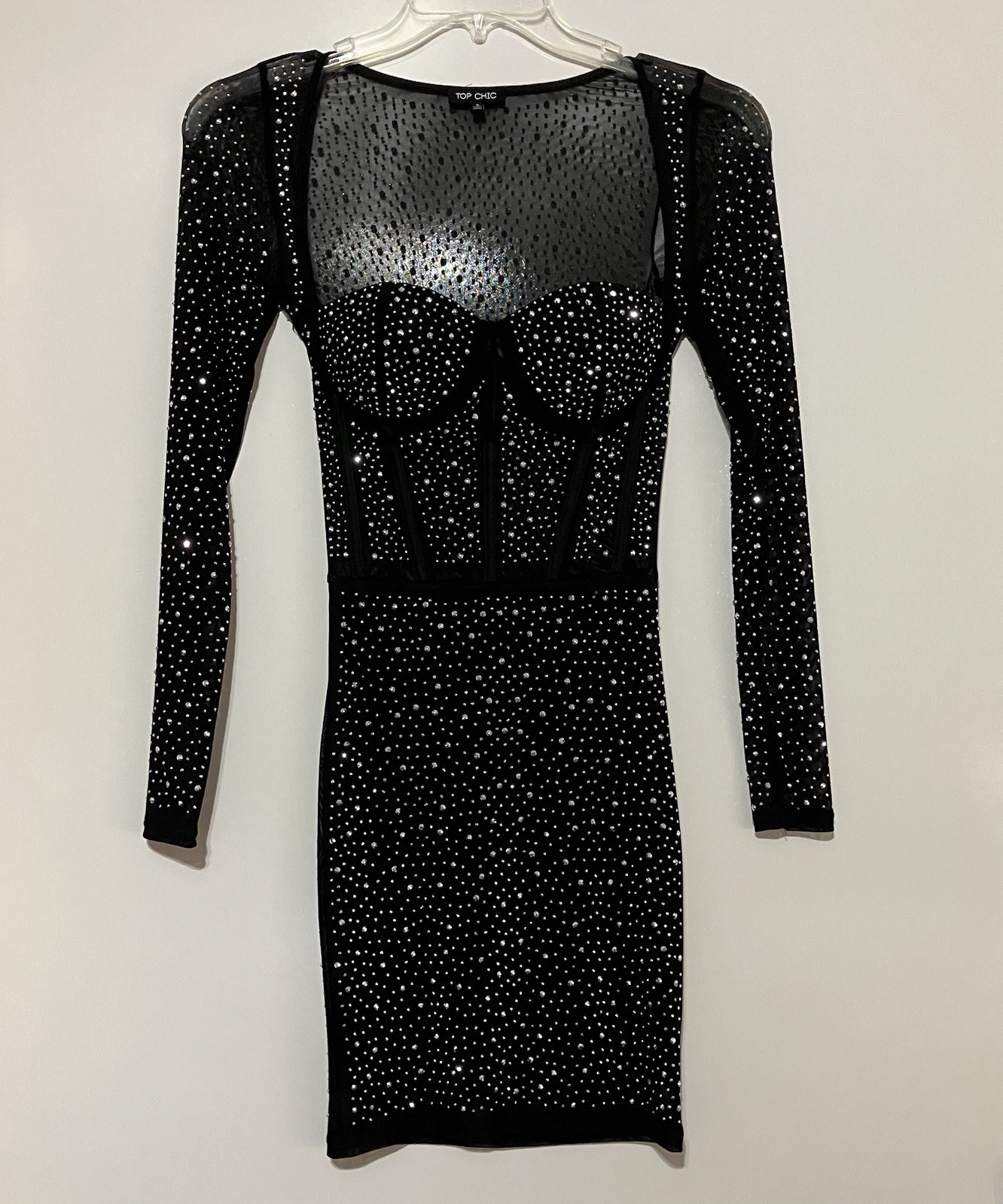 Top Chic Rhinestone Studded Corset Bodycon Dress Womens S Black Sliver Mesh Glam
