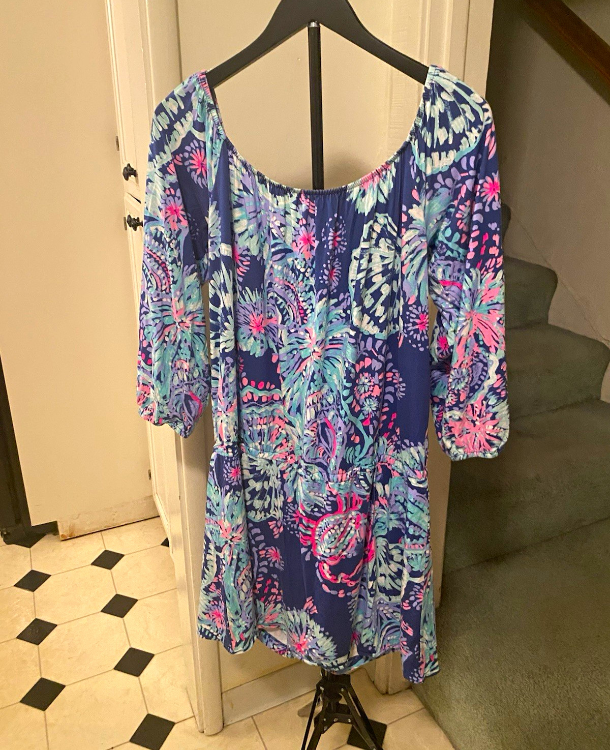 Lilly Pulitzer Women’s Romper Dress Blue Pink white Floral Scoop Neck 3/4, Med