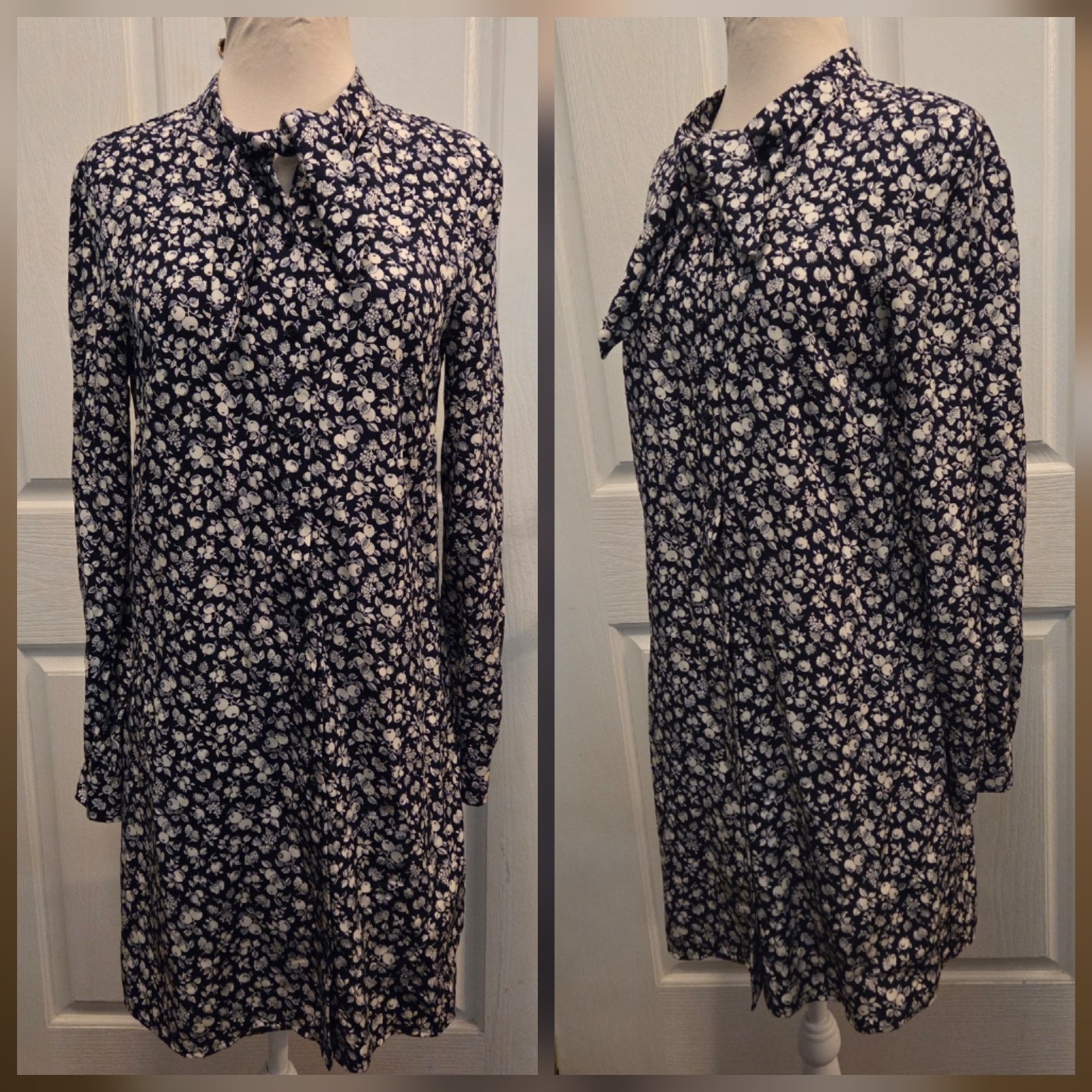 Paris Atelier Dress Navy Blue Fruit Print Fall Winter Size 4 Small Neck Tie