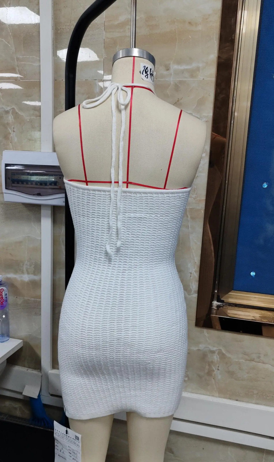 Flowers Decor White Knitted Mini Dress Women’S Sleeveless Open Back Halter Tie-U