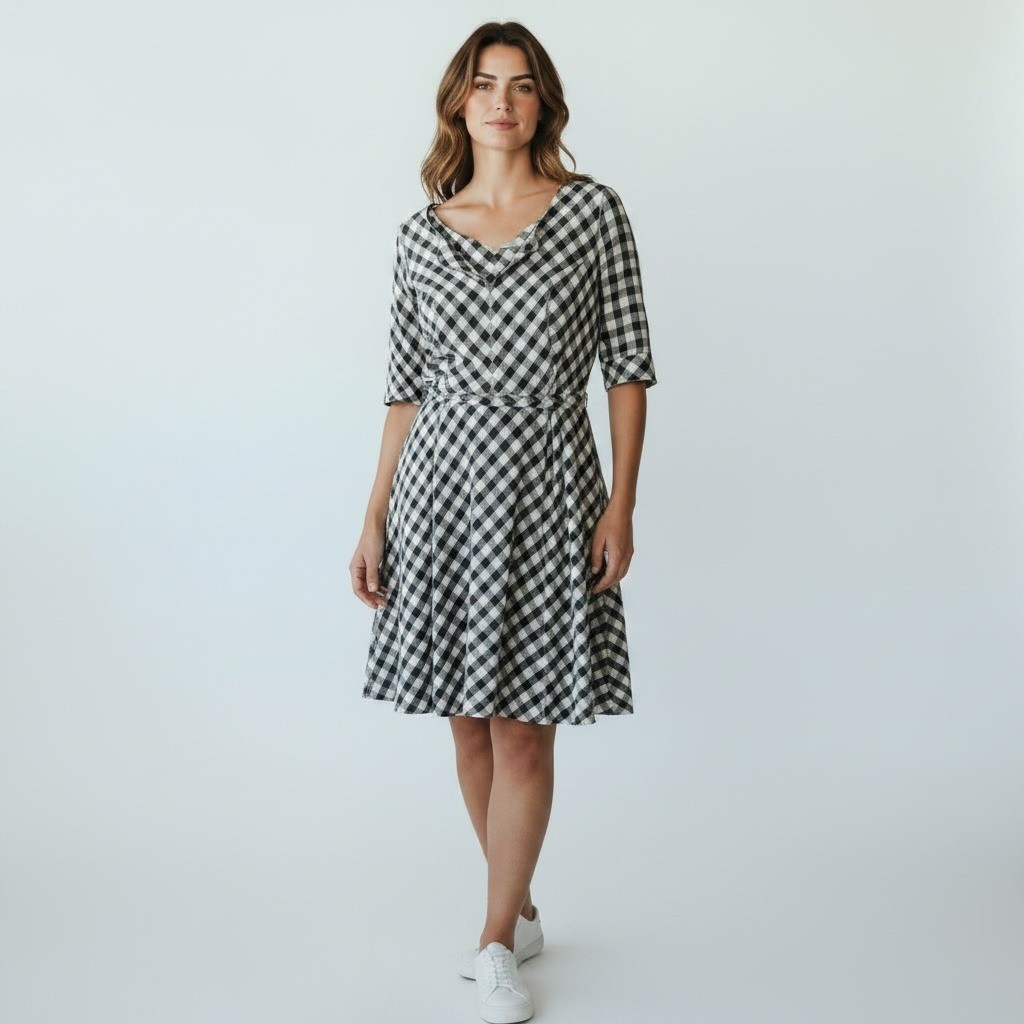 eShakti Black White Gingham Cotton V-Neck Fit Flare Dress Elbow Sleeve at Knee