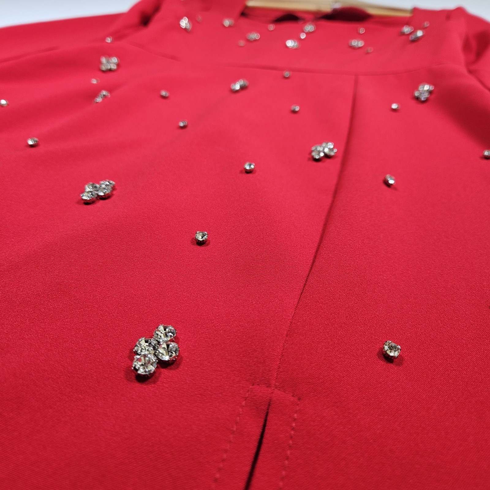 Mini Dress Womens Medium Red Rhinestone Beaded Square Neck Long Sleeve Party