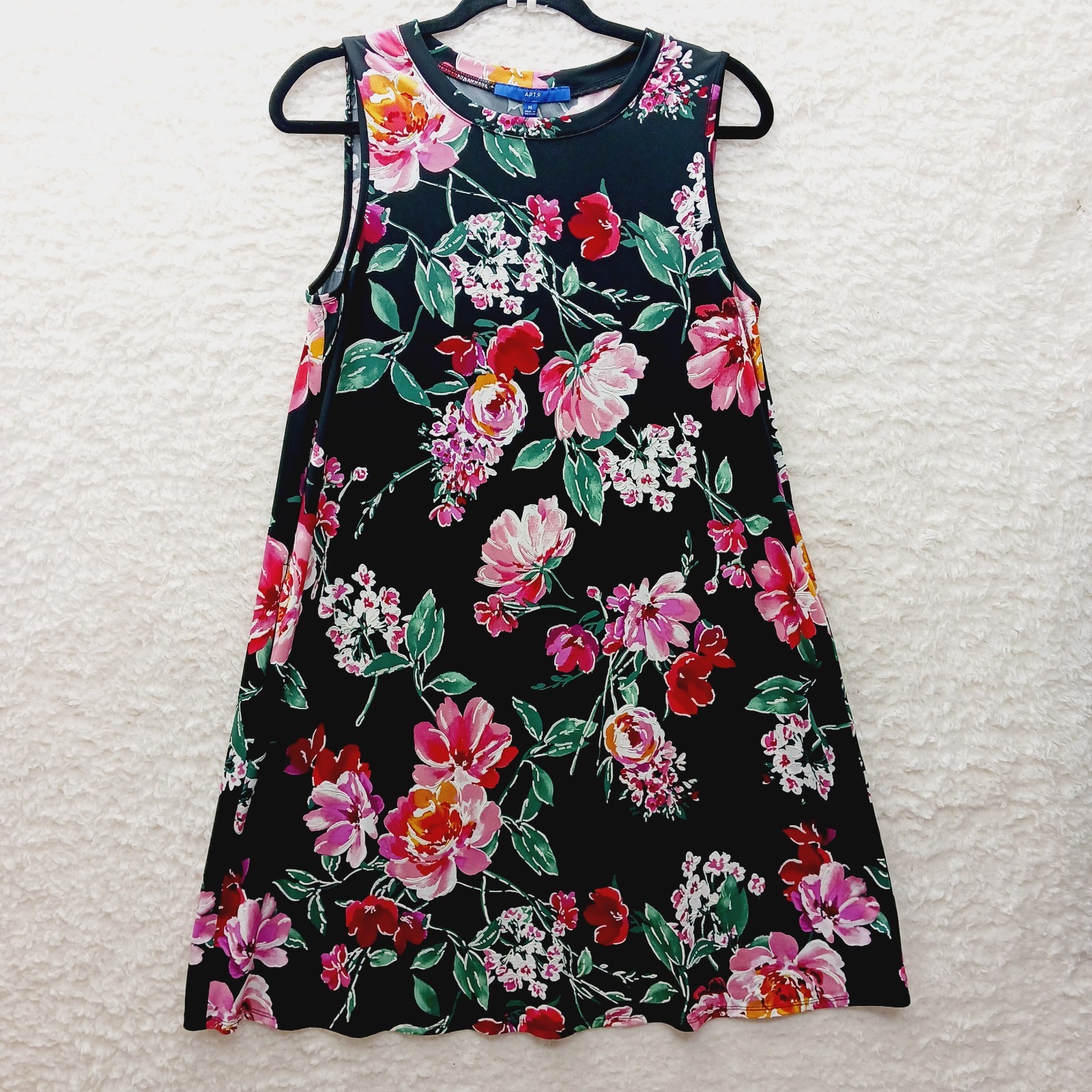 Dress Knee Sundress Floral Black Pink Red Textured Pocket A-Line Sleeveless Sz M