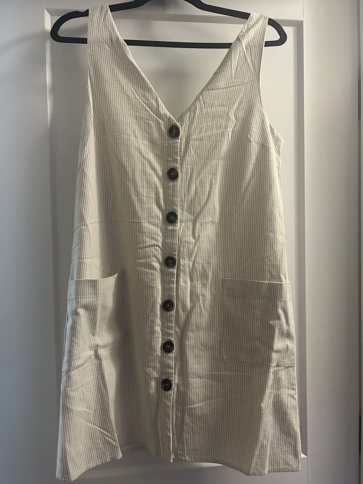 Mia & Tess Women’s Lined Mini Button Down V-neck Striped Dress Ivory Size S NWT