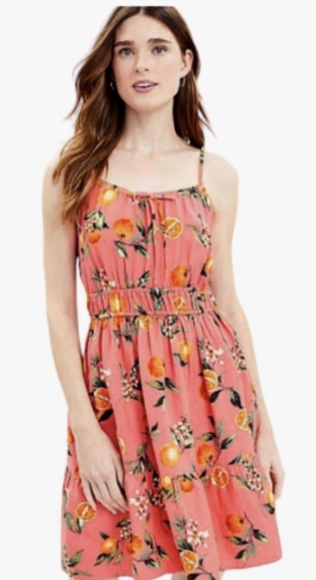 LOFT Pink Orange Harvest Paradise Peach Linen Floral Fit & Flare Dress Sz L