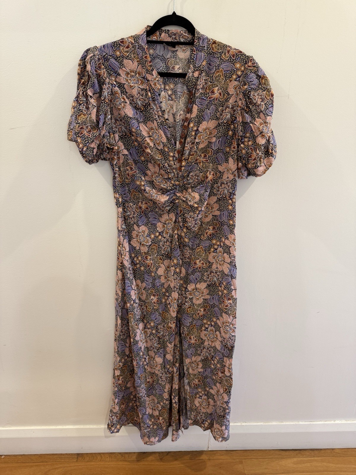 Husk Floral Earth Tone Dress With Button Up Detail Rushing Front Slit Size 16