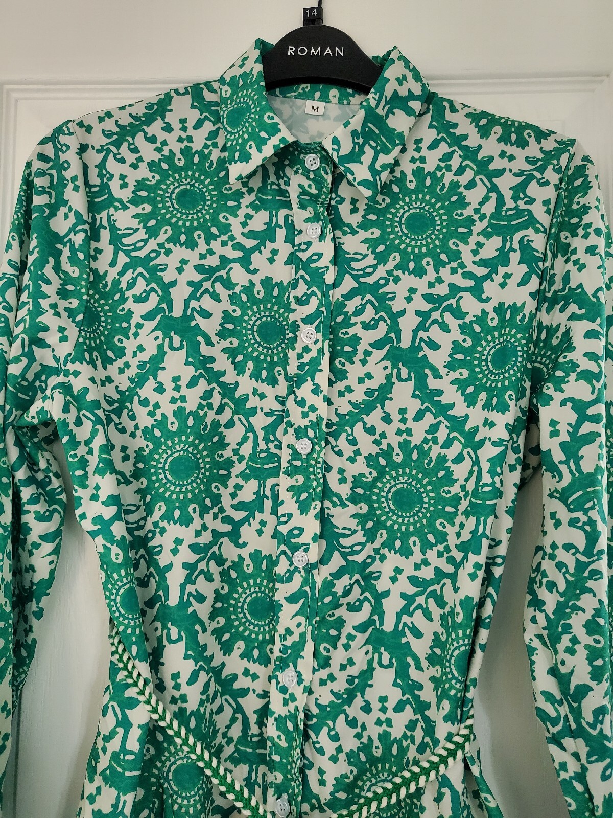 Shein Random Allover Print Lantern Sleeve Belted Shirt Dress Size M