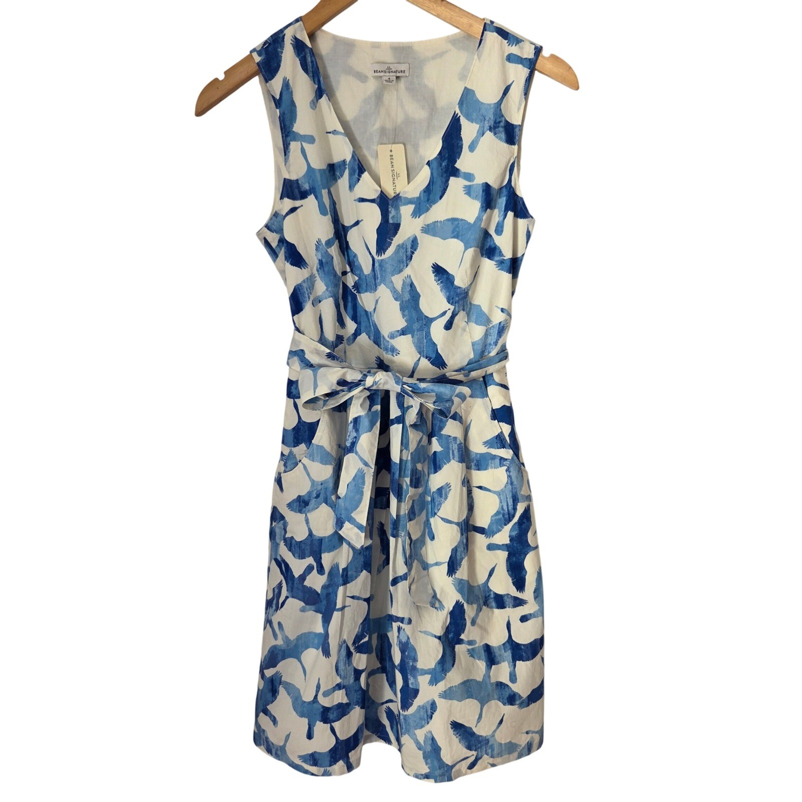 LL Bean Signature Blue White Crane Bird Print Linen Cotton Belted Dress NWT 4