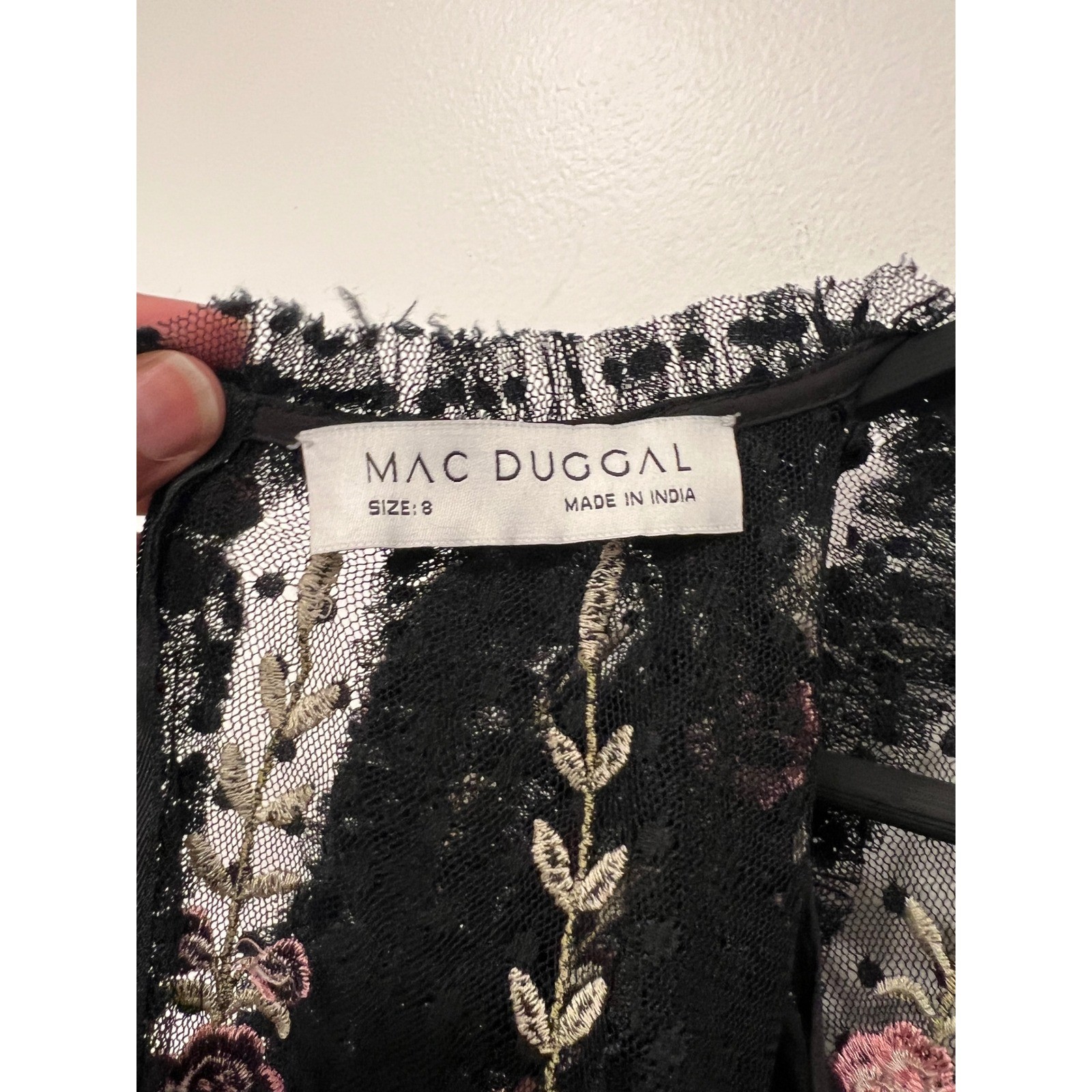 Mac Duggal Mini Dress Womens 8 Black Pink Floral Embroidered Tulle Tiered Ruffle