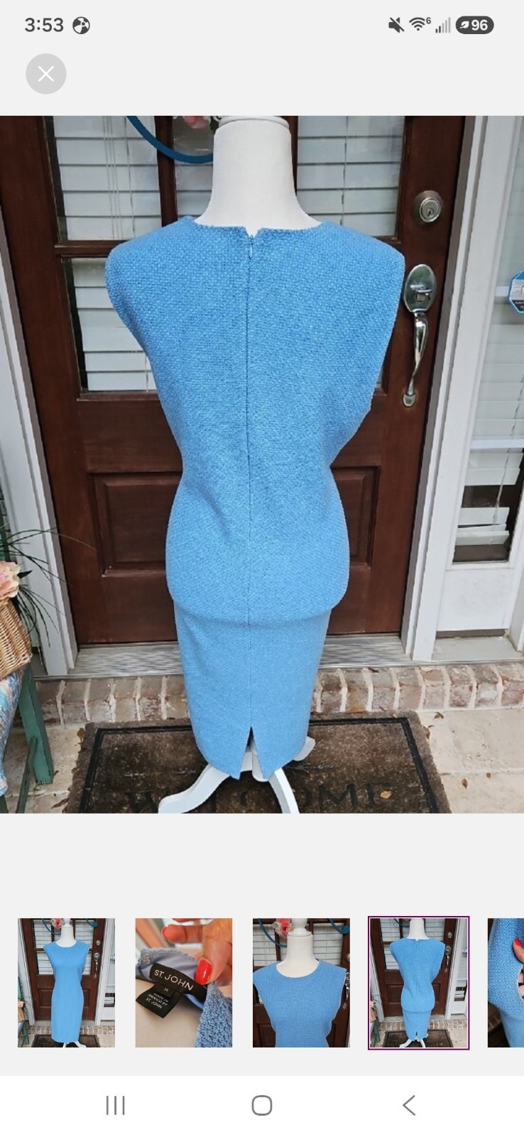 St. John Classic Light Blue Sheath Sleeveless Wool Midi Dress Size 14