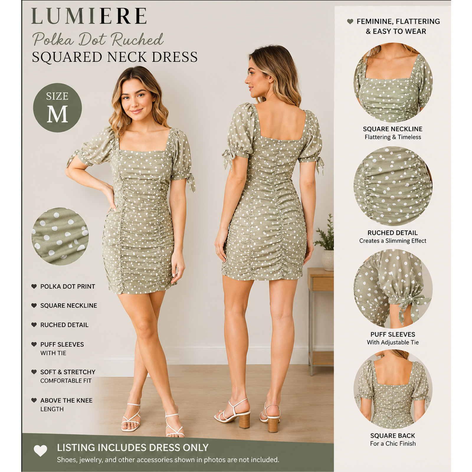 Lumiere Sage Green Polka Dot Ruched Mini Dress Puff Sleeve Square Neck Size M
