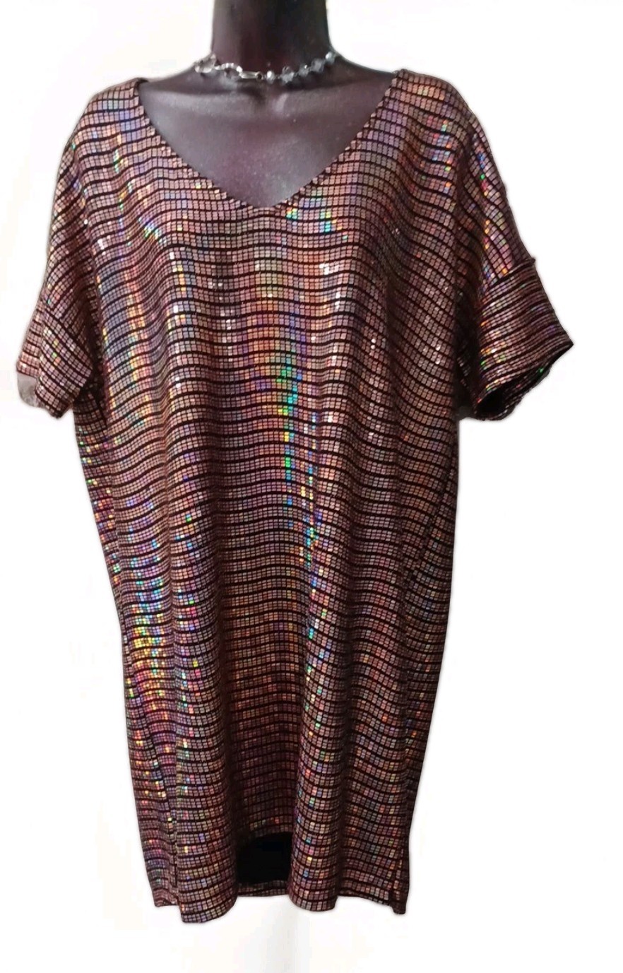 Cherish Pink Iridescent Mini Dress Nylon Mesh Bling Pullover Sheath Oversized S